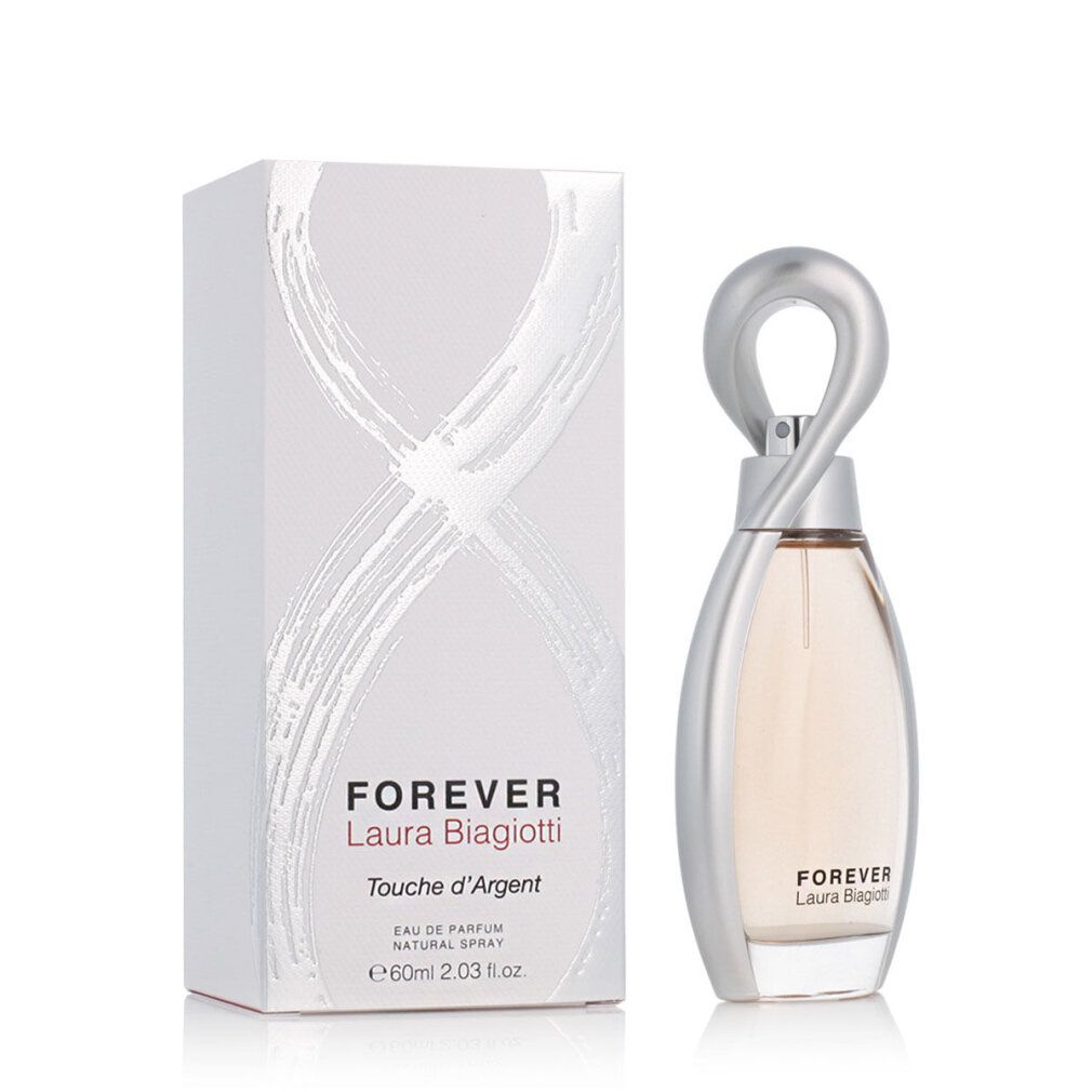 Flacone di profumo e confezione. Flacone con chiusura argentata. Confezione con nome del prodotto: Forever Laura Biagiotti.