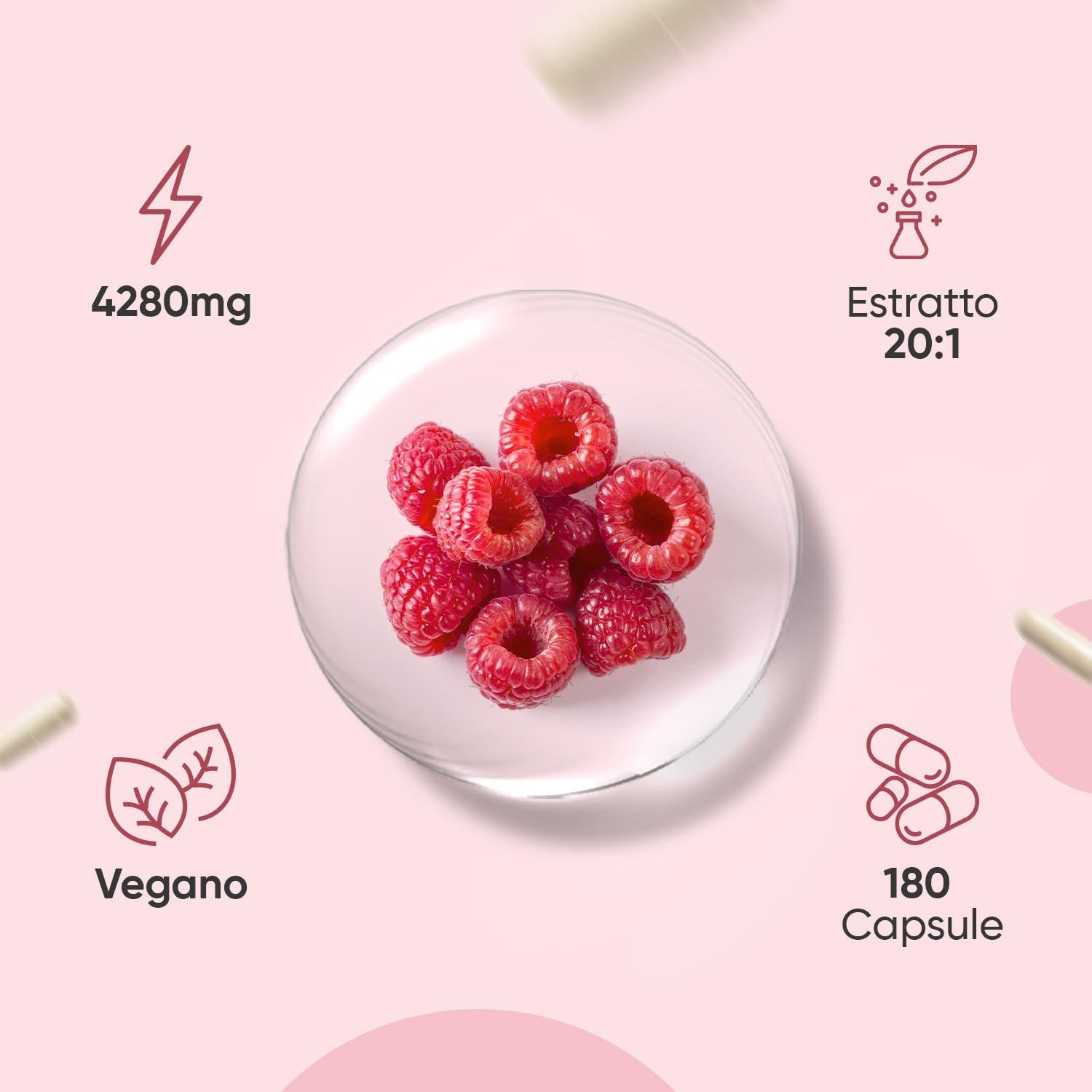 Lamponi e capsule. Testo: 4280mg, vegano, 180 capsule, estratto 20:1. Prodotto: Chetone di Lampone Plus.