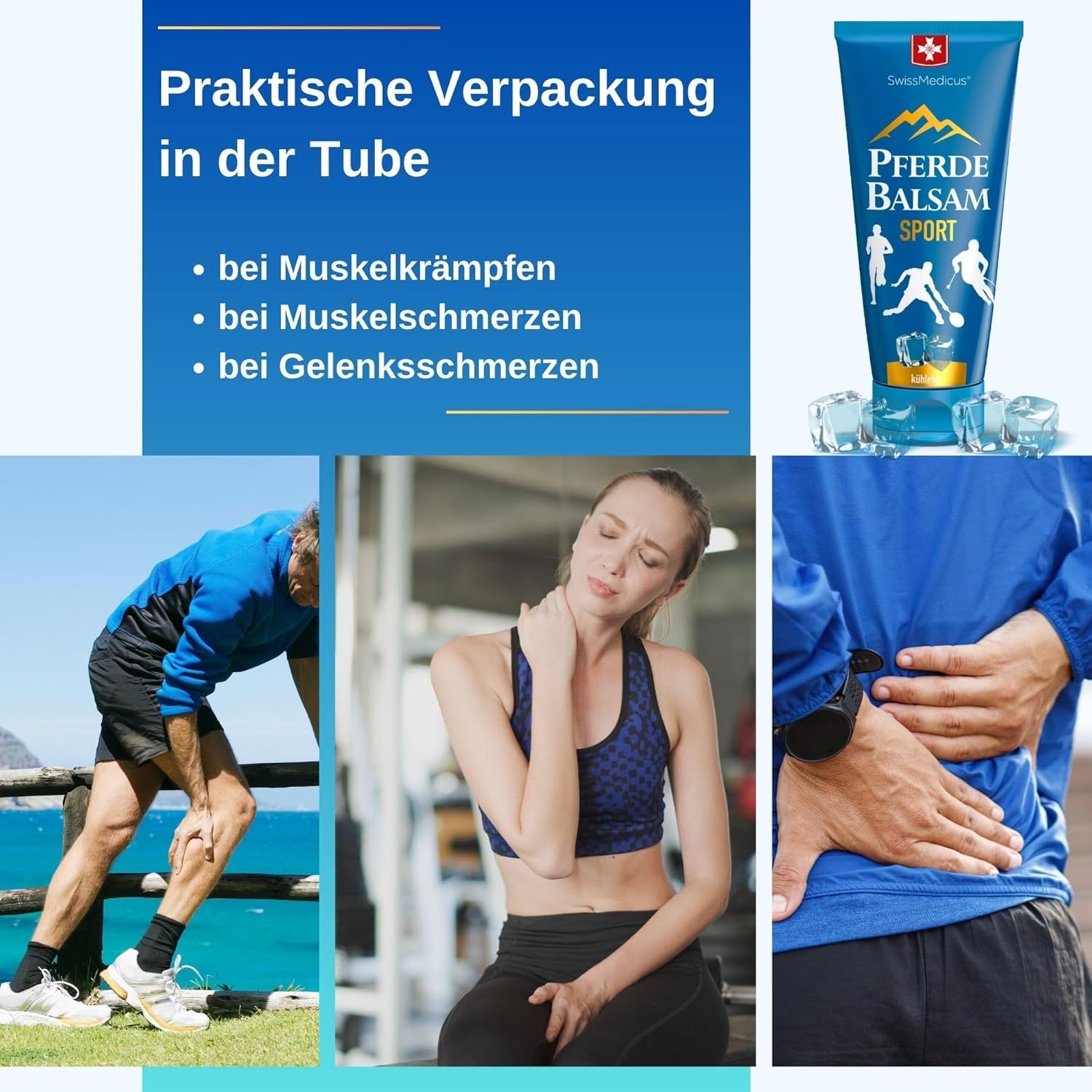 Tubo blu "Pferde Balsam Sport". Logo SwissMedicus. Cubetti di ghiaccio. Immagini: Crampi, dolori, dolori articolari.