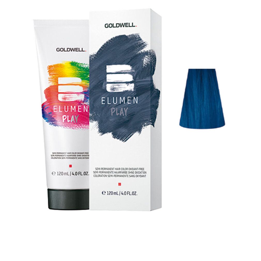 Goldwell Elumen Play Blue. Tubo e scatola con nome del prodotto. Campione colore blu. Testo: Non-Permanent Hair Color. 120ml.