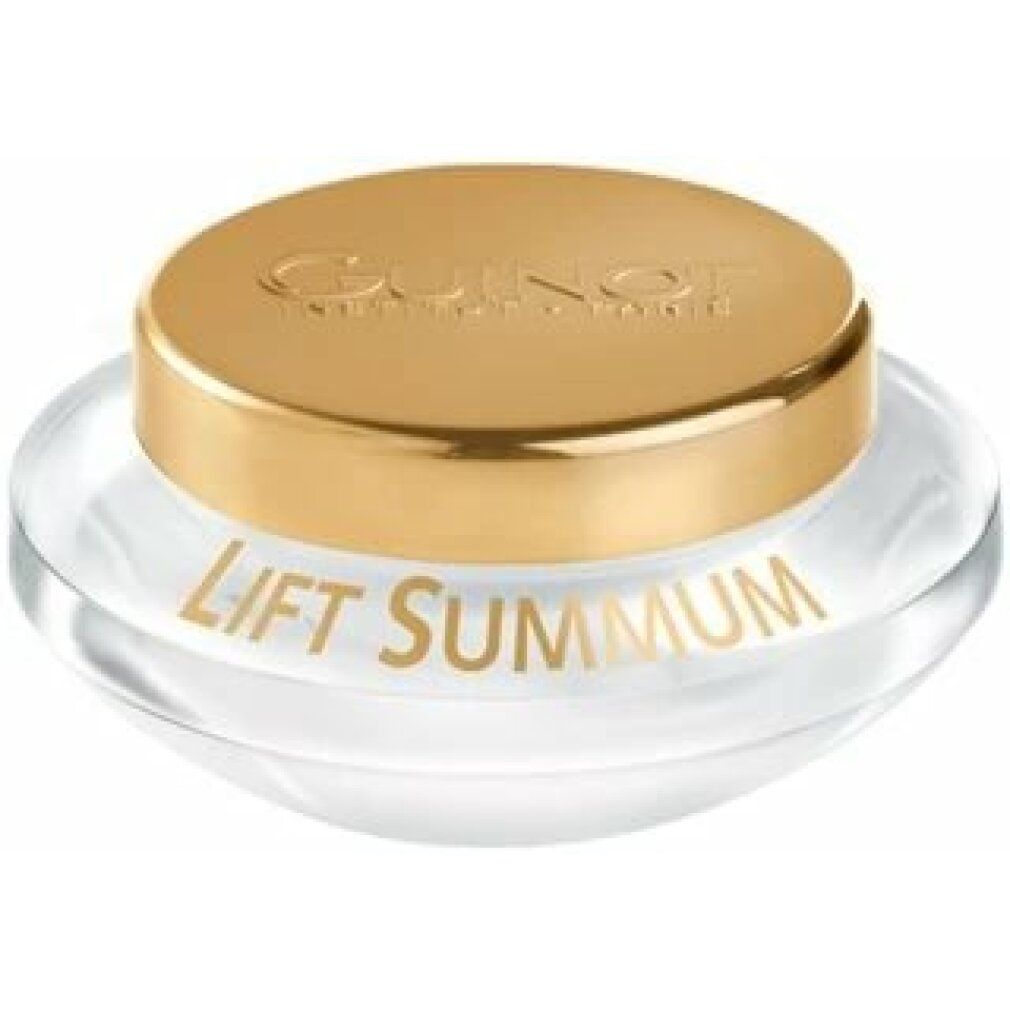 Vasetto in vetro con coperchio dorato. Scritta "LIFT SUMMUM". Marchio: GUINOT.