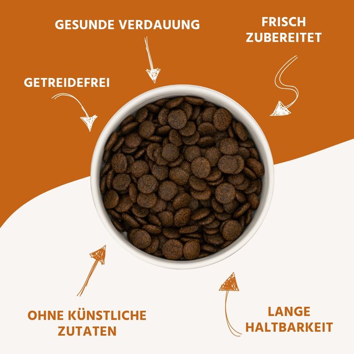 Primo piano di crocchette. Frecce che indicano: digestione sana, preparato fresco, senza ingredienti artificiali, lunga conservazione, senza cereali.