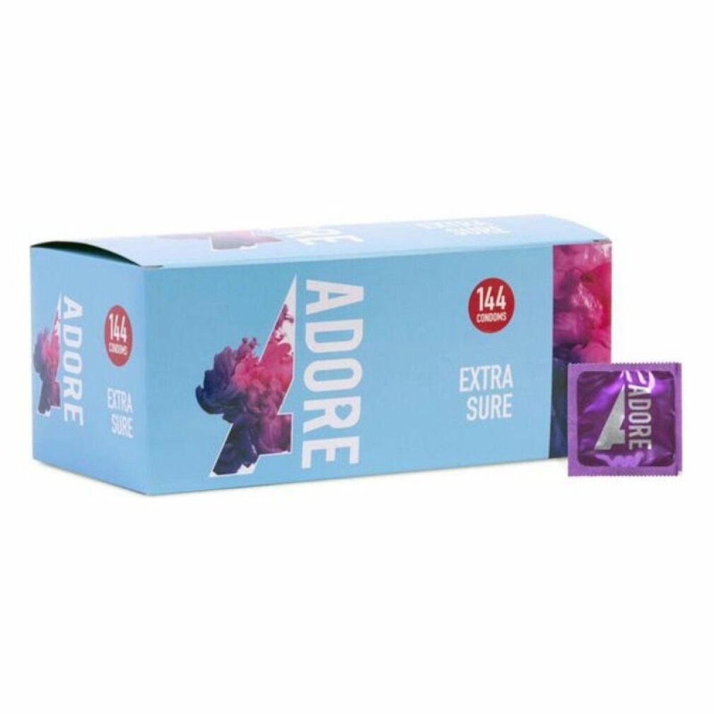Scatola azzurra di preservativi Adore Extra Sure, con confezione singola. 144 preservativi.