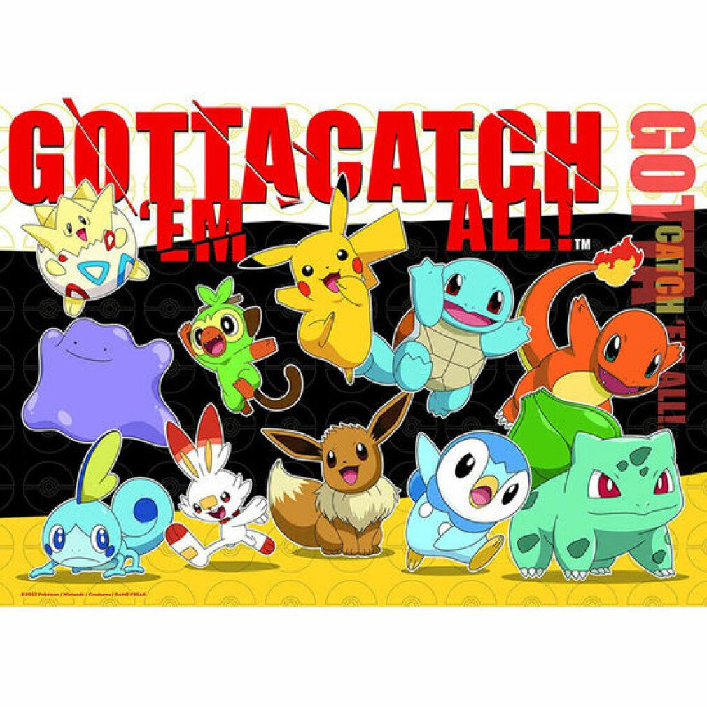 Puzzle con personaggi Pokémon. Vari Pokémon su sfondo bianco e giallo. Testo: GOTTA CATCH 'EM ALL!