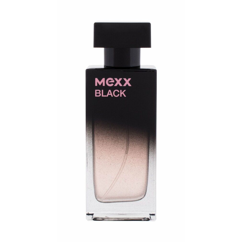 Flacone nero con tappo nero. Scritta: Mexx Black. Sfumatura da nero a rosa.