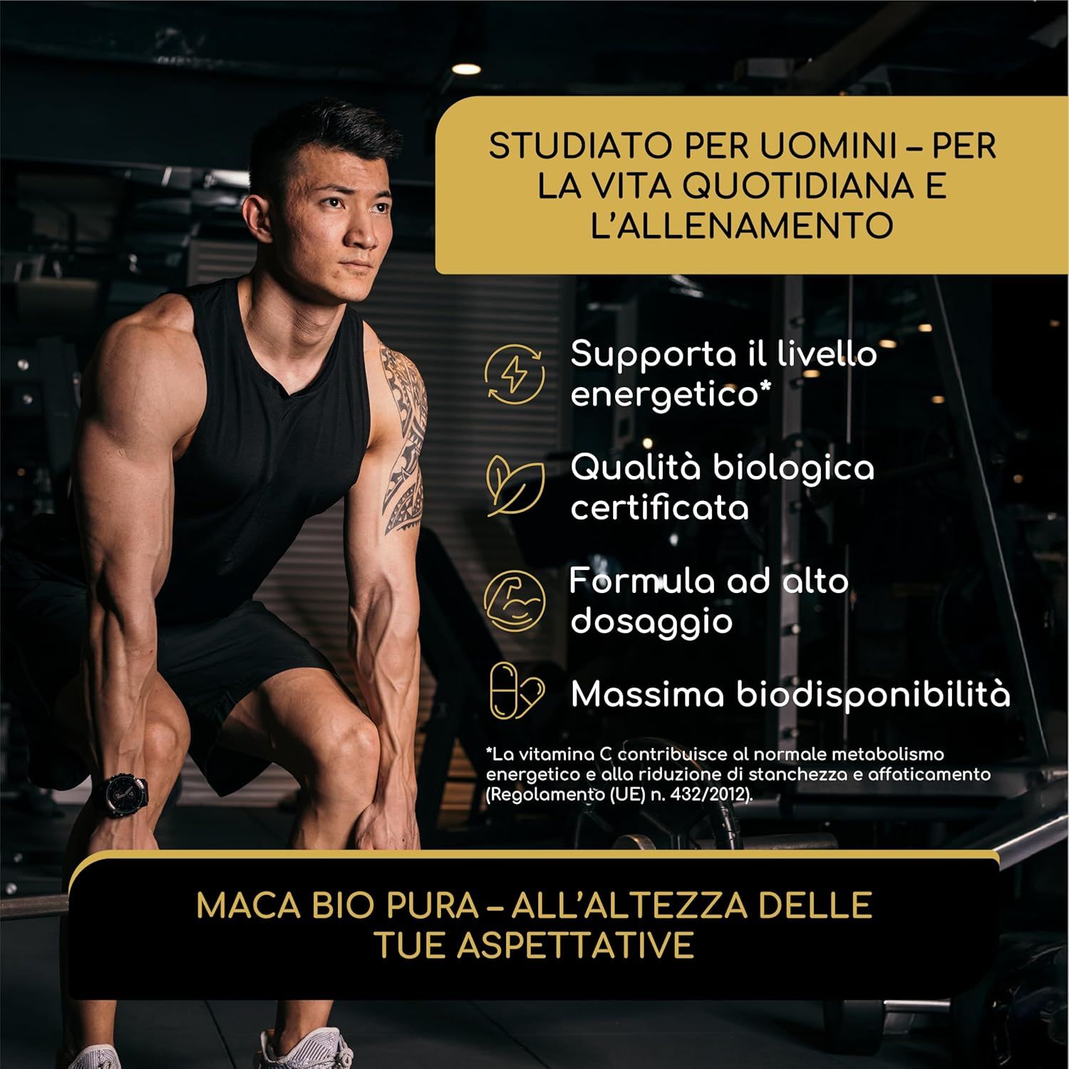 Uomo in allenamento. Testo: Supporta il livello di energia, qualità bio, alta dose, biodisponibilità ottimale.