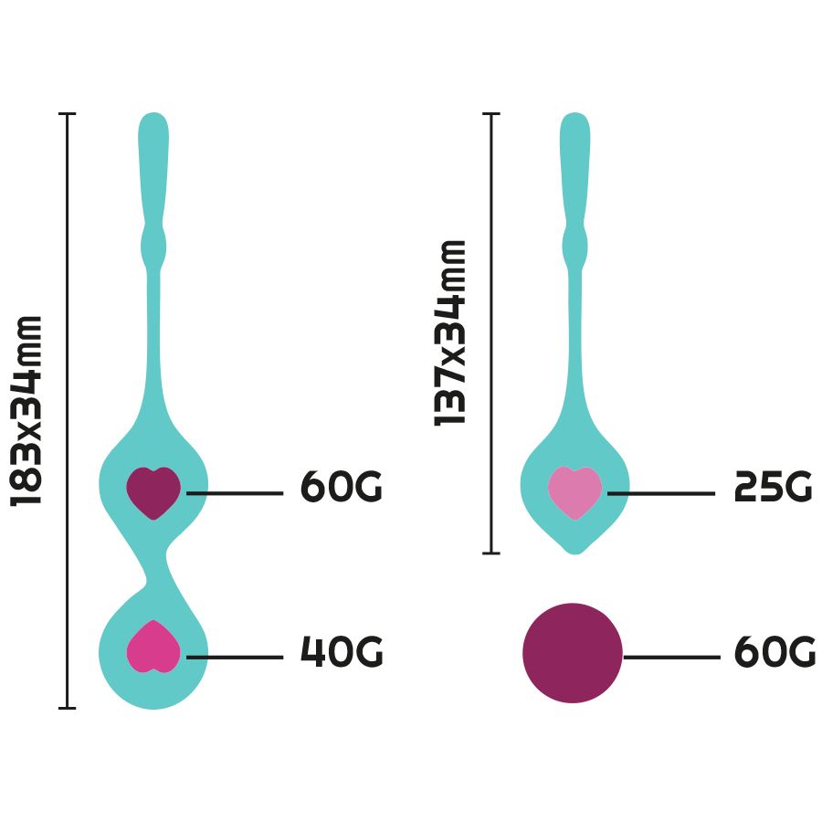 Due sfere di Kegel a forma di cuore, dimensioni: 183x34mm, 137x34mm. Pesi: 60g, 40g, 25g, 60g.