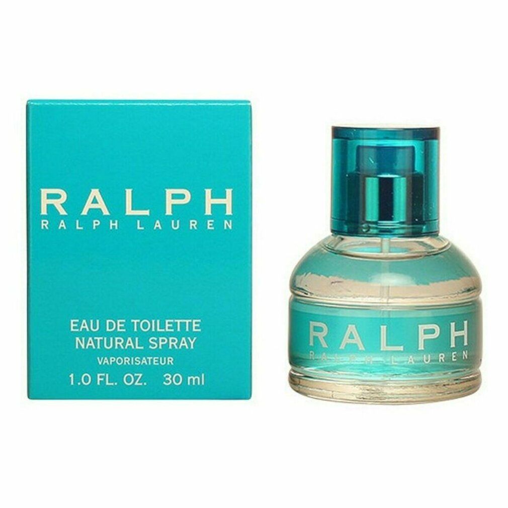 Scatola e flacone turchese. Scritta RALPH LAUREN, Eau de Toilette, Natural Spray. Flacone con tappo blu.