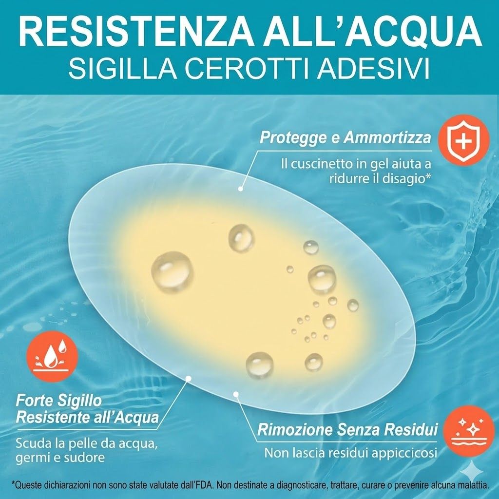 Cerotto per vesciche con sigillo impermeabile. Il cuscinetto in gel riduce il disagio. Protegge da acqua, germi e sudore. Rimozione senza residui.