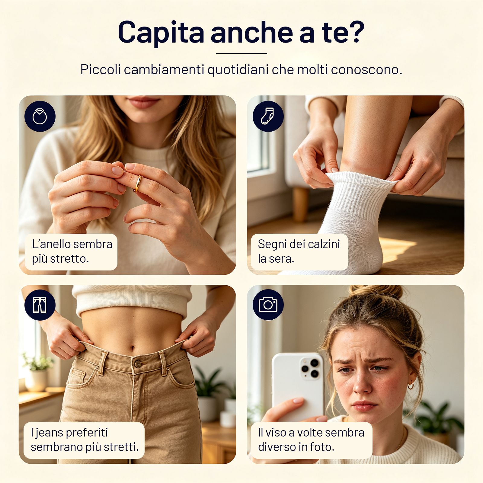 Annuncio italiano: anello, calzini, jeans, viso mostrano ritenzione idrica.