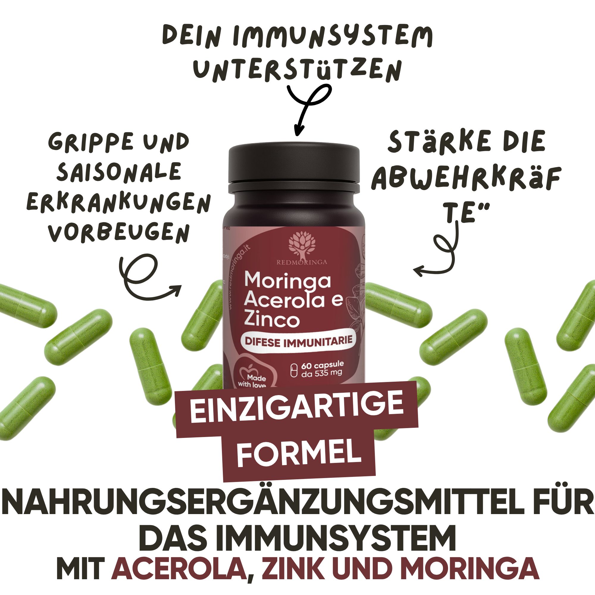 Flacone di capsule circondato da capsule verdi. Supporta il sistema immunitario.