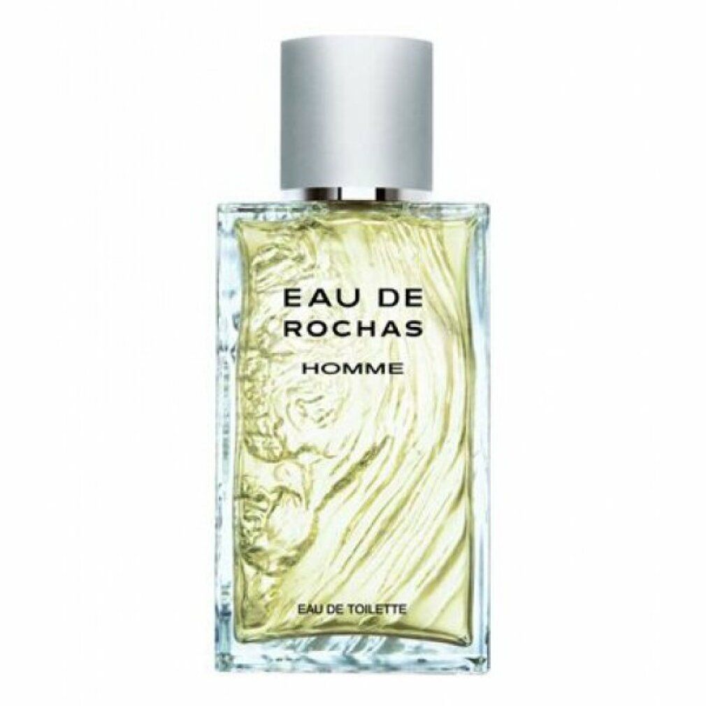 Flacone rettangolare con tappo argentato. Scritta: Eau de Rochas Homme Eau de Toilette. Design inciso.