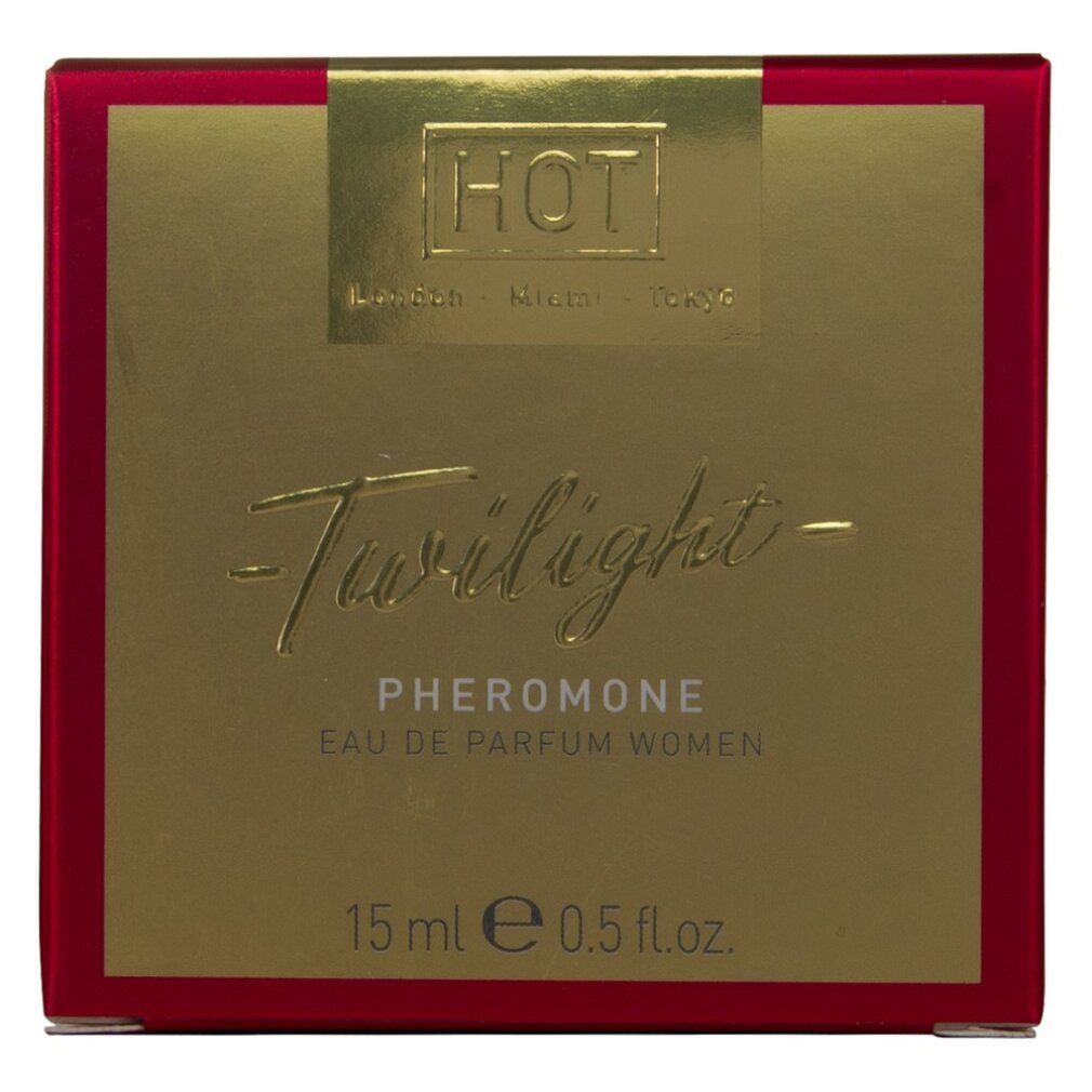 Confezione di profumo dorata e rossa. Scritta: Twilight Pheromone, 15 ml.