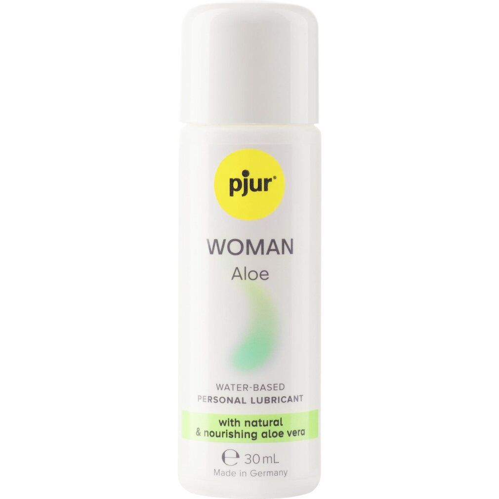 Flacone bianco con tappo bianco. Scritta: pjur WOMAN Aloe. Contiene aloe vera. 30ml/1.02 fl.oz. Prodotto in Germania.