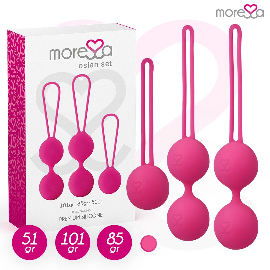 Confezione e tre palline di silicone rosa con pesi: 51g, 101g, 85g.