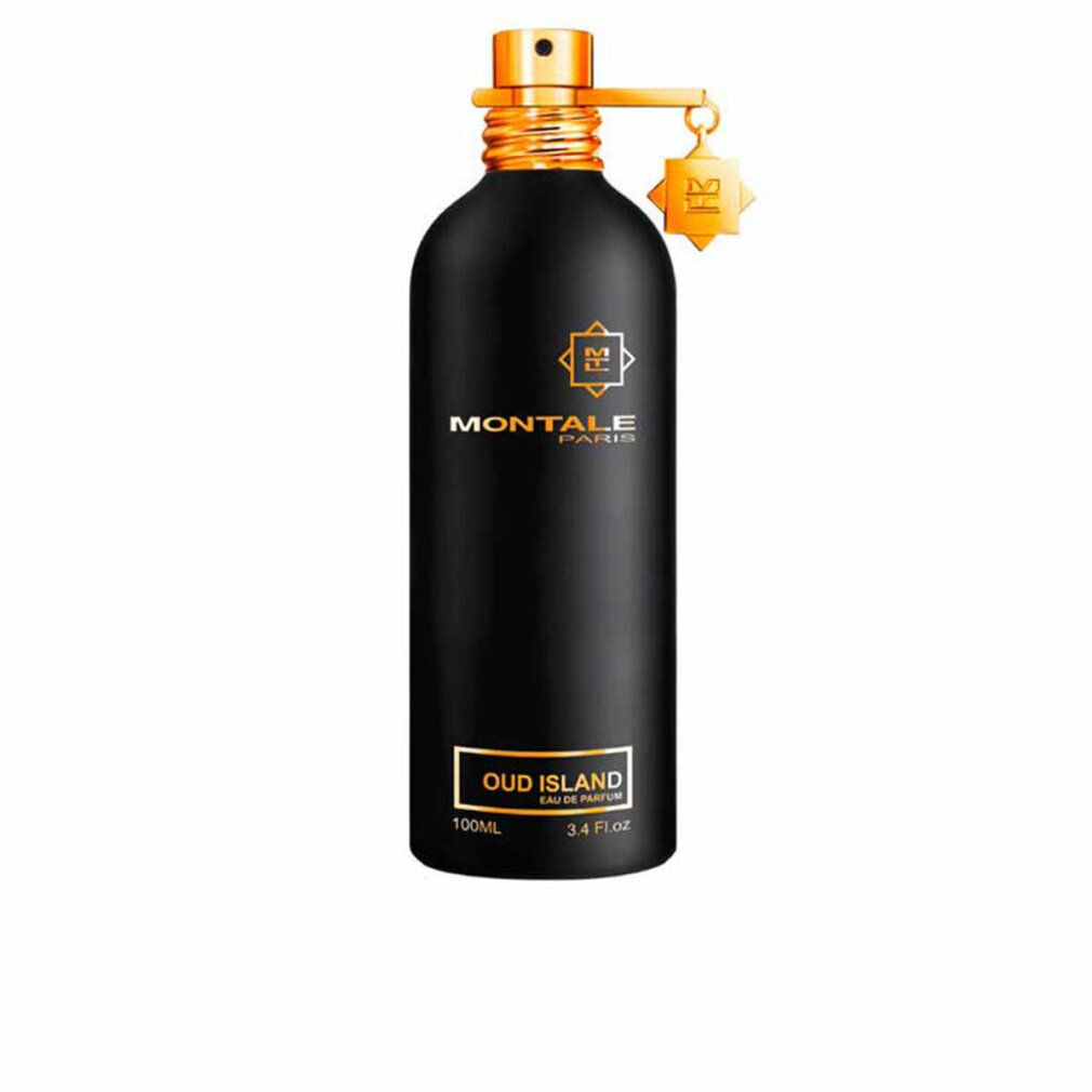 Flacone di profumo nero con tappo e ciondolo dorati. Scritte: Montale Paris, Oud Island, 100ml.