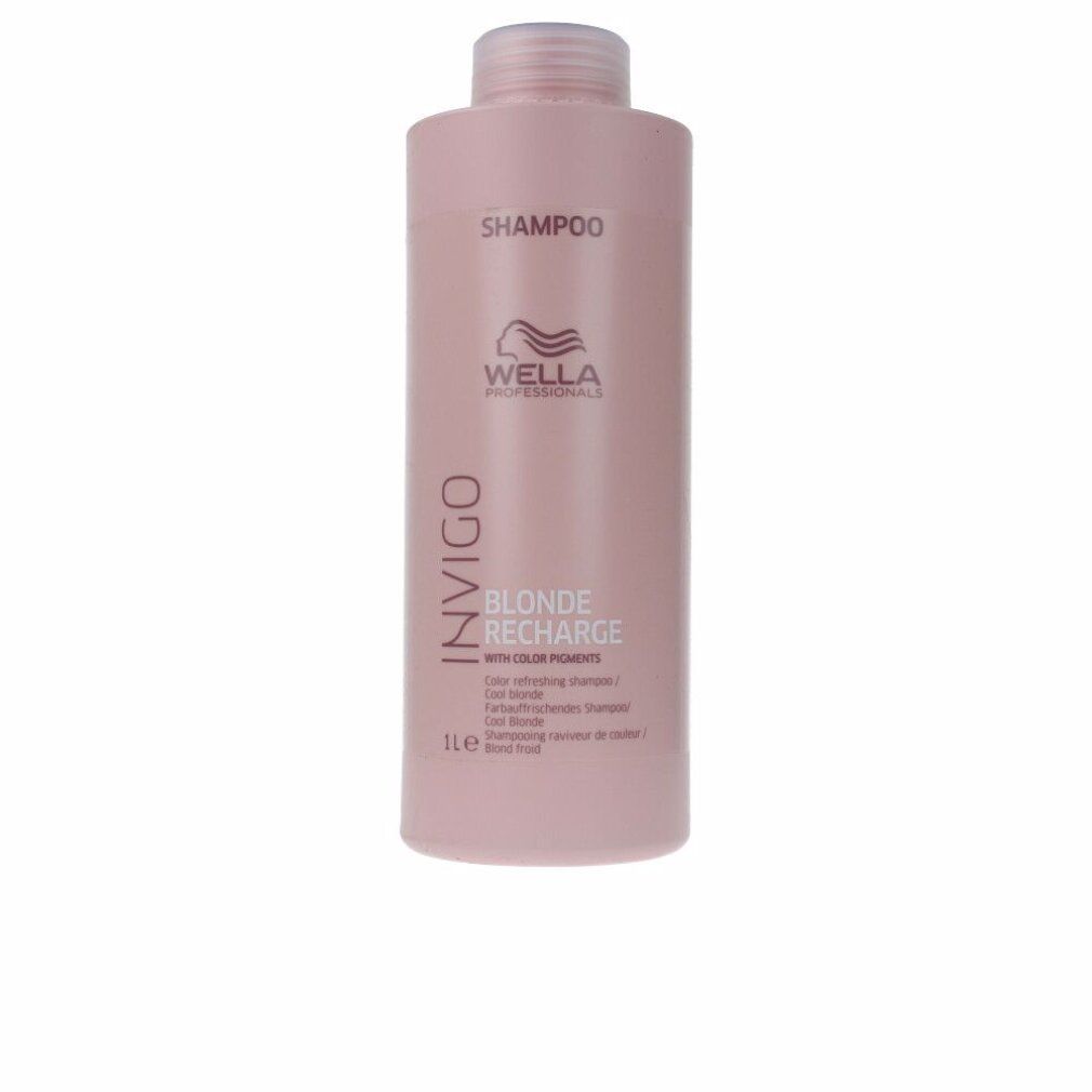 Flacone di shampoo rosa con INVIGO, BLONDE RECHARGE, Wella Professionals. Testo: Color refreshing shampoo. 1l.