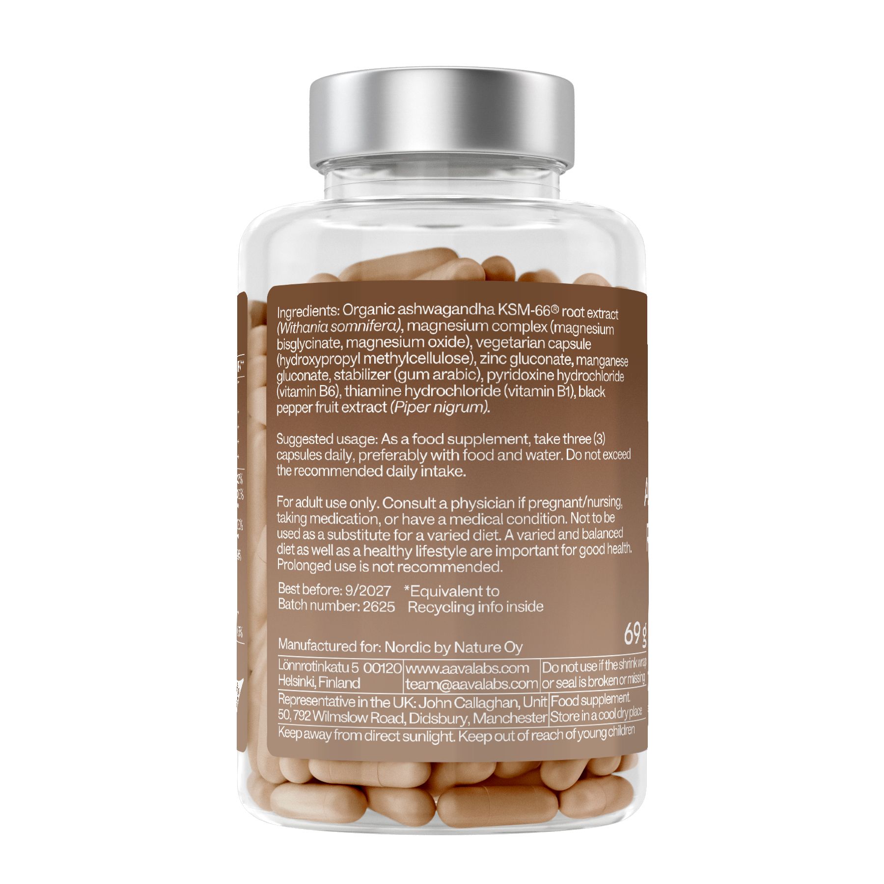 Retro del flacone con etichetta marrone. Contiene ingredienti e istruzioni per l'uso. Coperchio argentato.