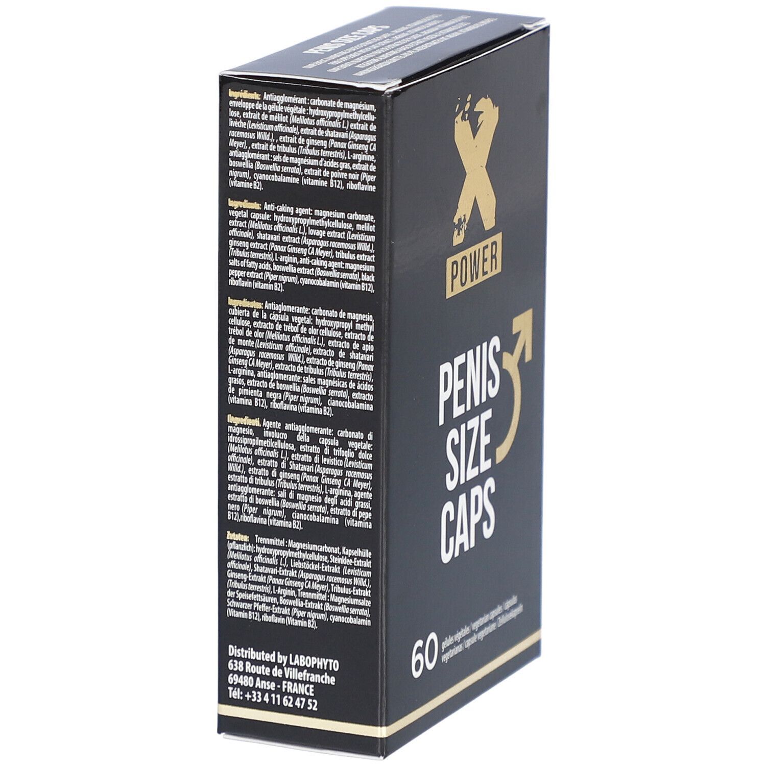 Scatola nera con logo "X POWER" e scritta "PENIS SIZE CAPS". Retro con ingredienti.