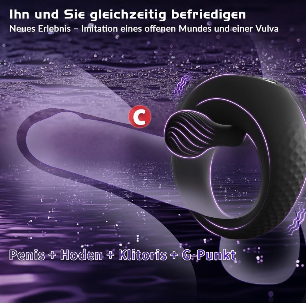 Anello fallico nero con perle e vibrazioni. Testo: Pene + Testicoli + Clitoride + Punto G. Sfondo viola con onde.
