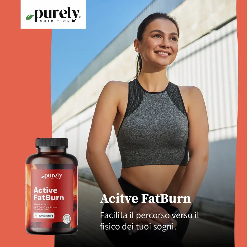 Donna in abbigliamento sportivo accanto a flacone Active FatBurn. Testo: Facilitare il percorso verso il fisico dei tuoi sogni.