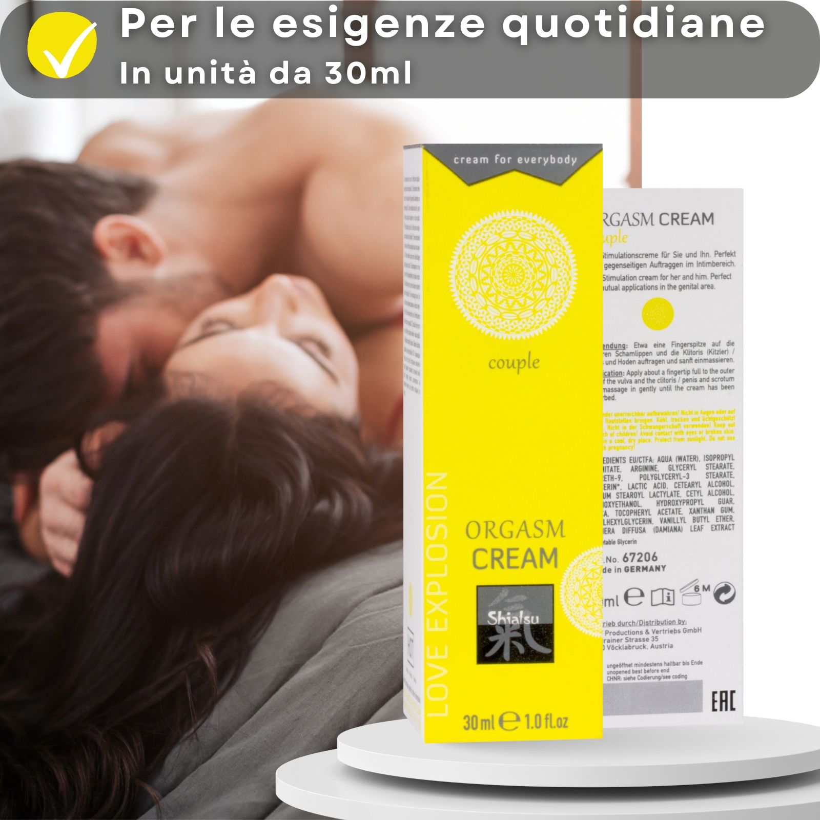 Tubo e scatola gialli. Scritto: ORGASM CREAM, Shiatsu, 30 ml. Coppia sullo sfondo.
