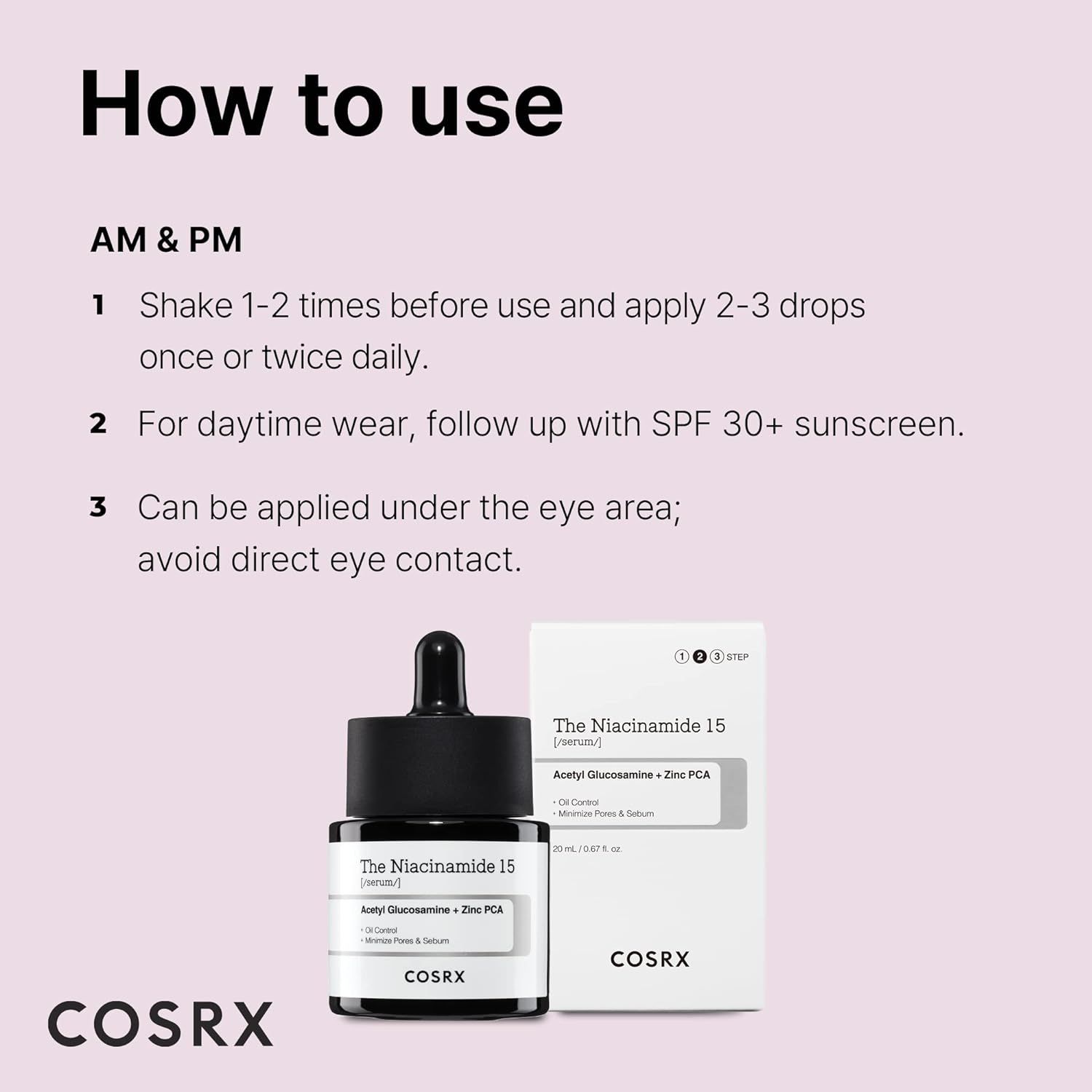 Istruzioni per l'uso del siero COSRX Niacinamide 15. Flacone e confezione mostrati.