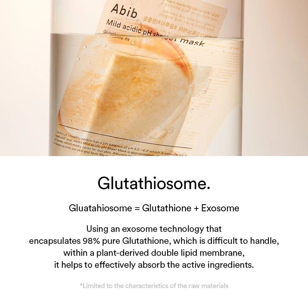 Maschera in tessuto ABIB Mild Acid pH in acqua. Imballaggio parzialmente visibile. Testo: Abib, Mild acidic pH sheet mask. Descrizione del prodotto.