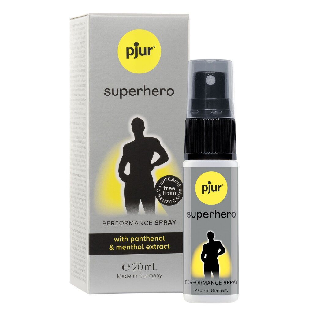pjur® superhero Performance Spray, flacone da 20ml e confezione. Contiene pantenolo ed estratto di mentolo. Senza lidocaina e benzocaina.