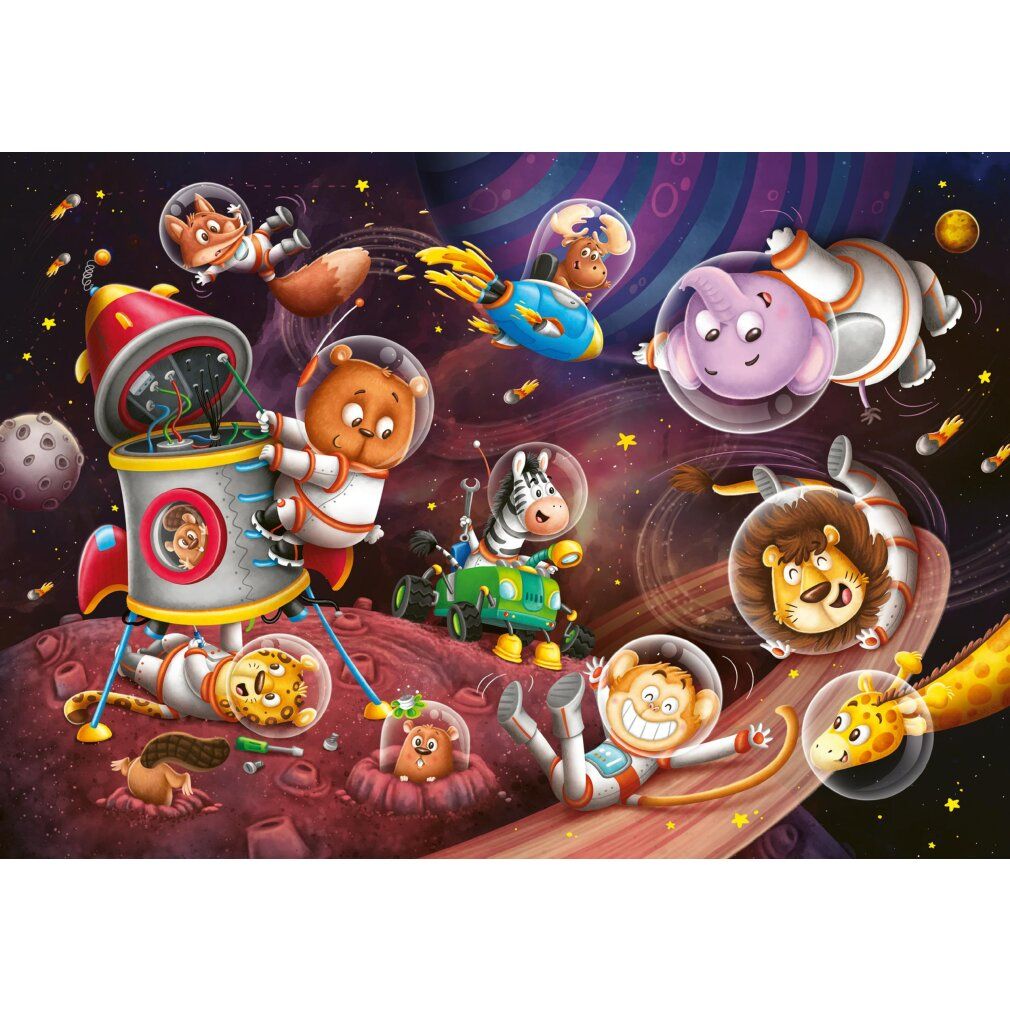 Puzzle con motivo spaziale. Animali in tute spaziali su un pianeta. Razzo, scimmia, leone, zebra e giraffa visibili.
