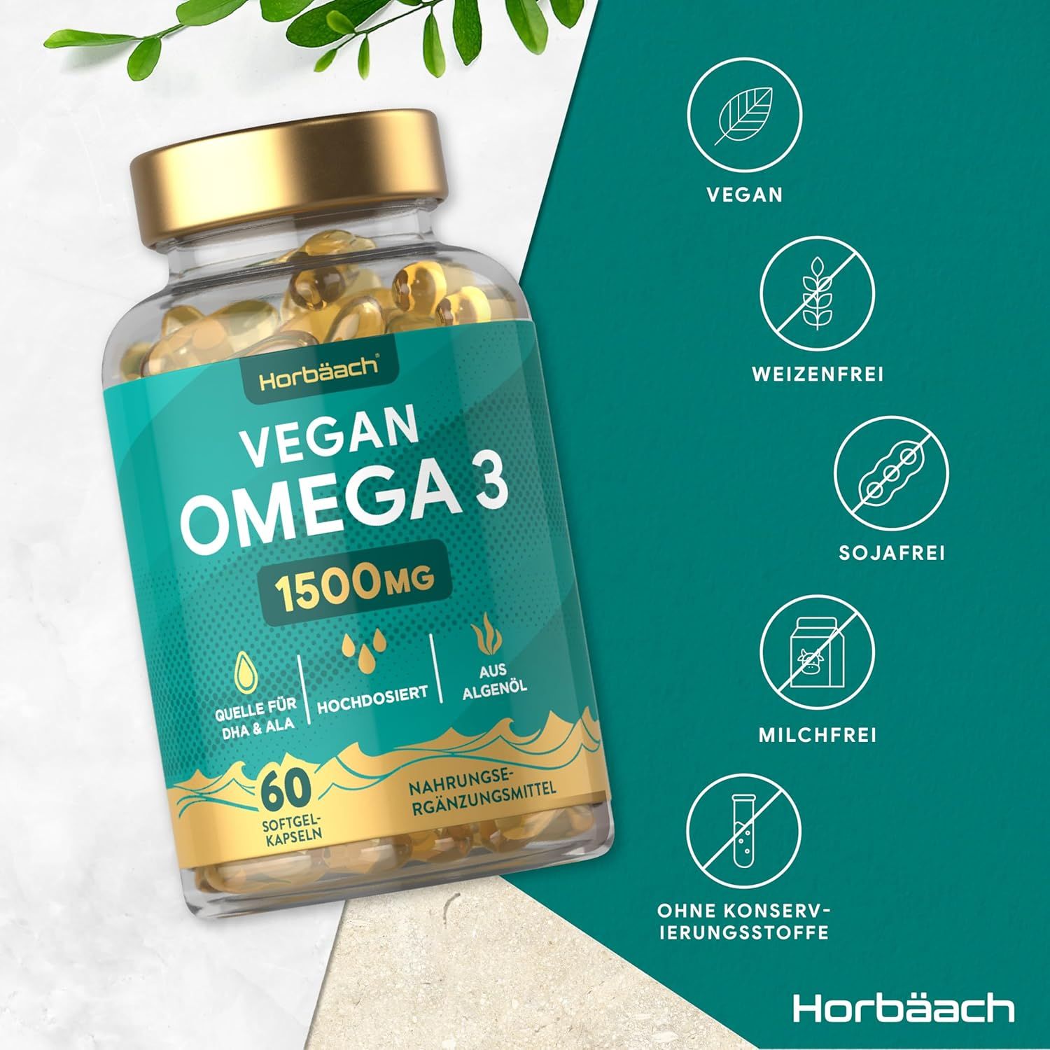 Flacone trasparente di capsule Horbaach Vegan Omega 3. 60 capsule. Vegano, senza grano, senza soia, senza latticini, senza conservanti.