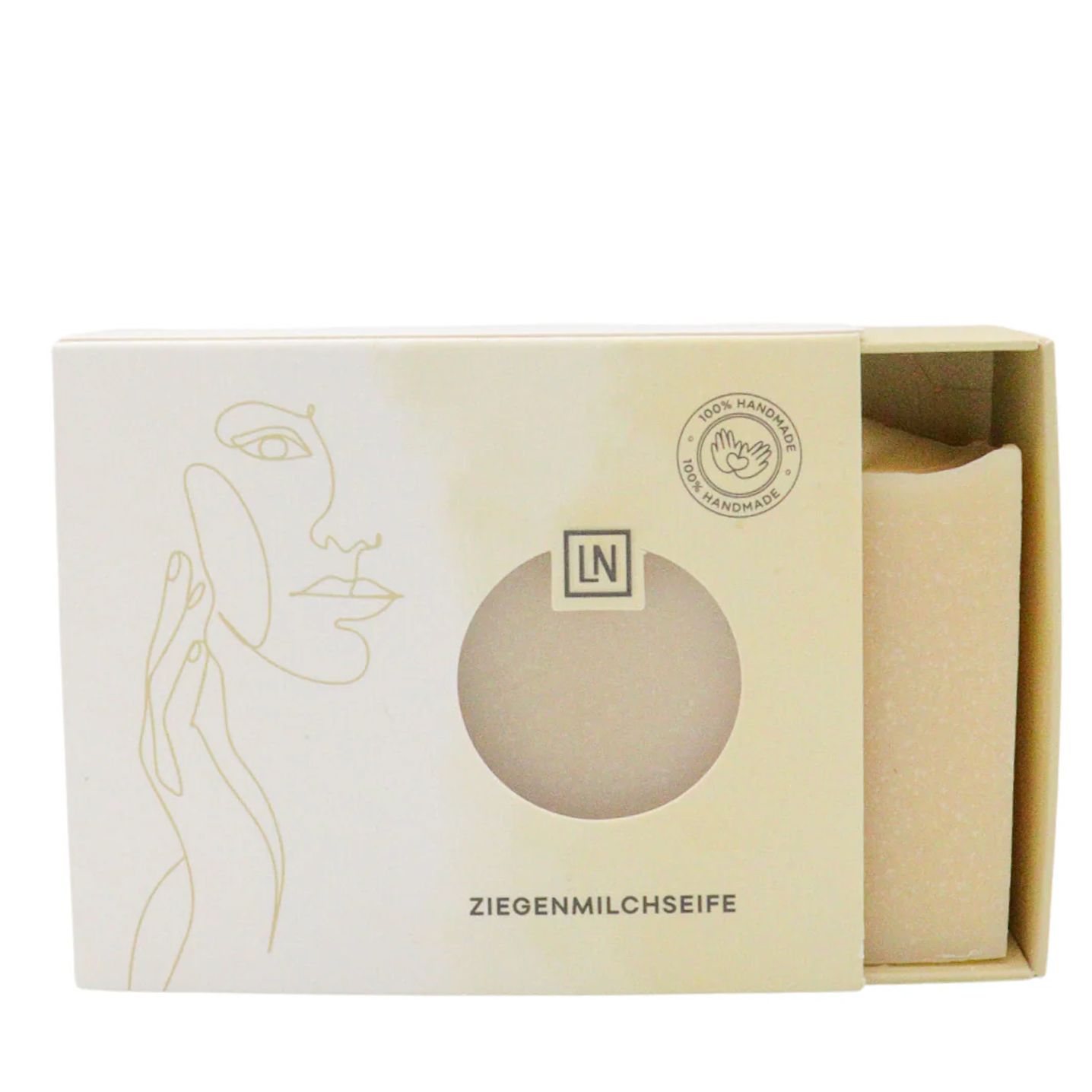 Scatola di sapone aperta con sapone. Stampa: volto, logo LN, Ziegenmilchseife, 100% Handmade.