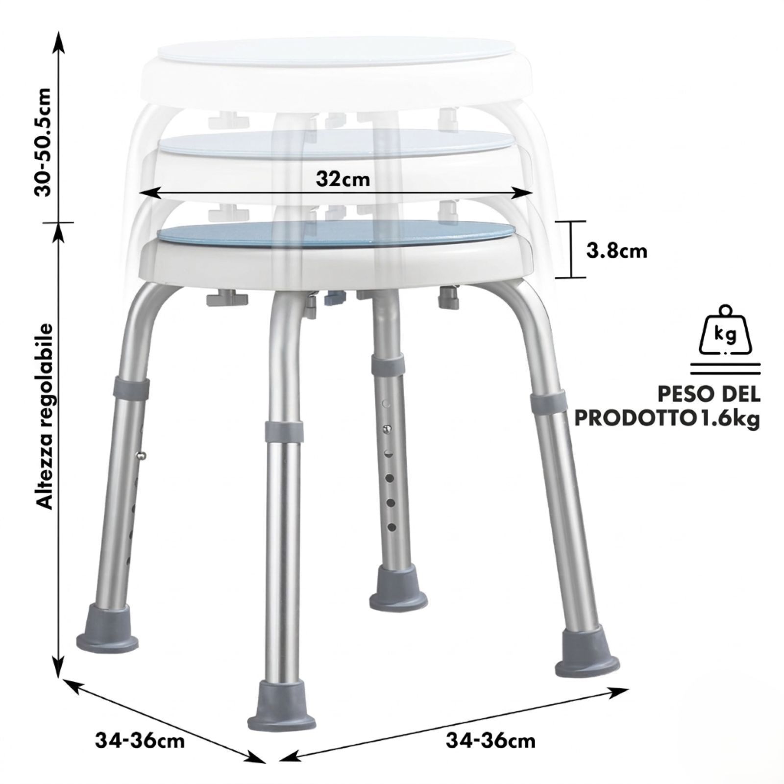 Sgabello doccia: diametro 32cm, altezza 30-50,5cm, larghezza 34-36cm. Peso del prodotto 1,6kg.