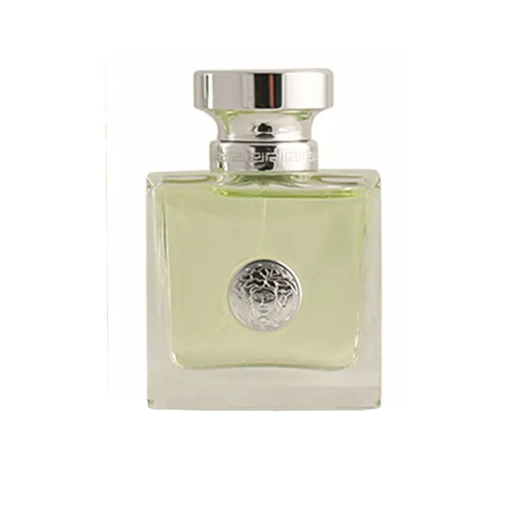 Versace Versense Eau de Toilette Spray. Flacone quadrato in vetro con tappo argentato. Liquido verdognolo. Logo Medusa sul fronte.