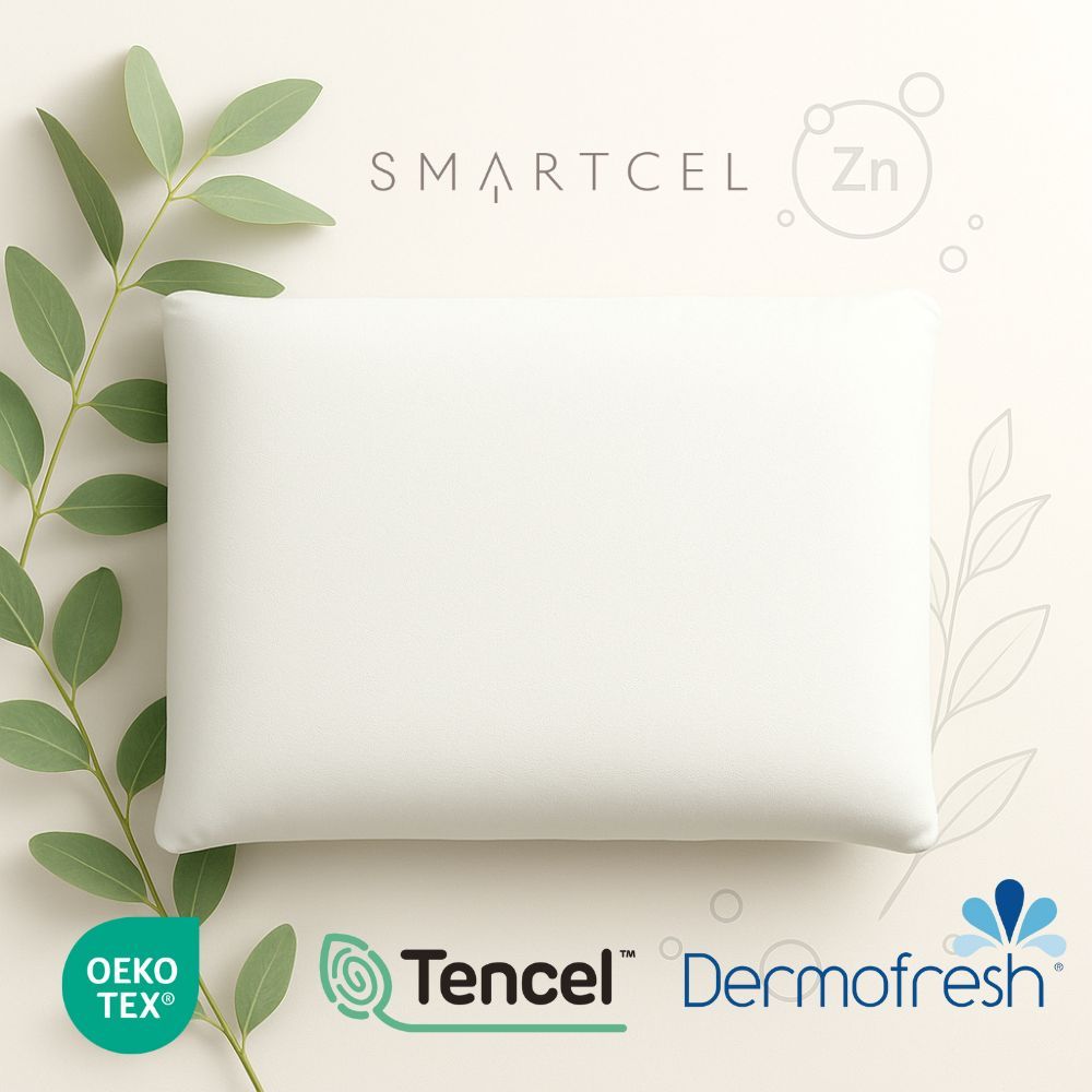 Cuscino bianco con testo. Loghi Oeko-Tex, Tencel e Dermofresh. Testo Smartcel.