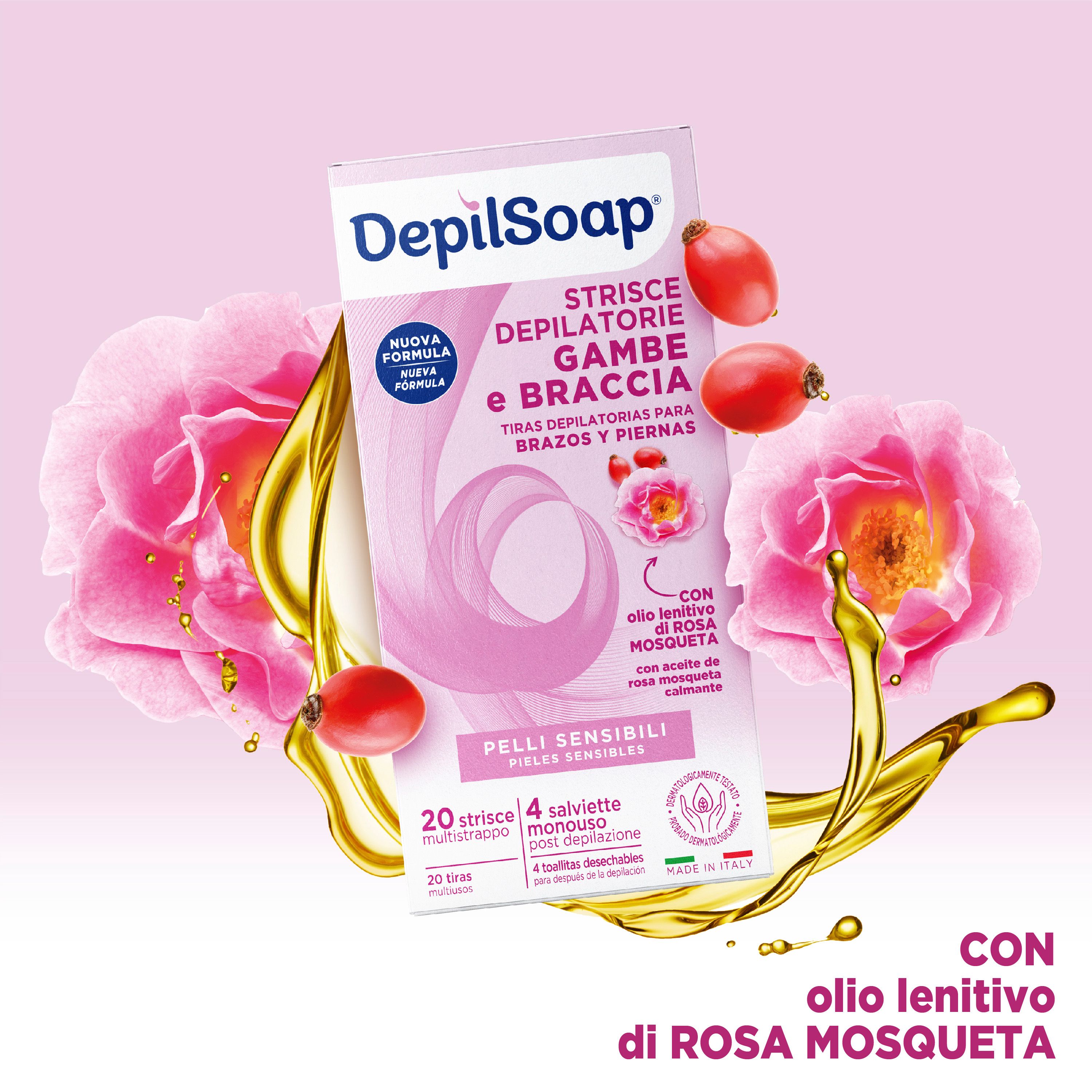 Confezione del prodotto con illustrazione olio di rosa. Nome prodotto: Strisce Depilatorie Gambe e Braccia.