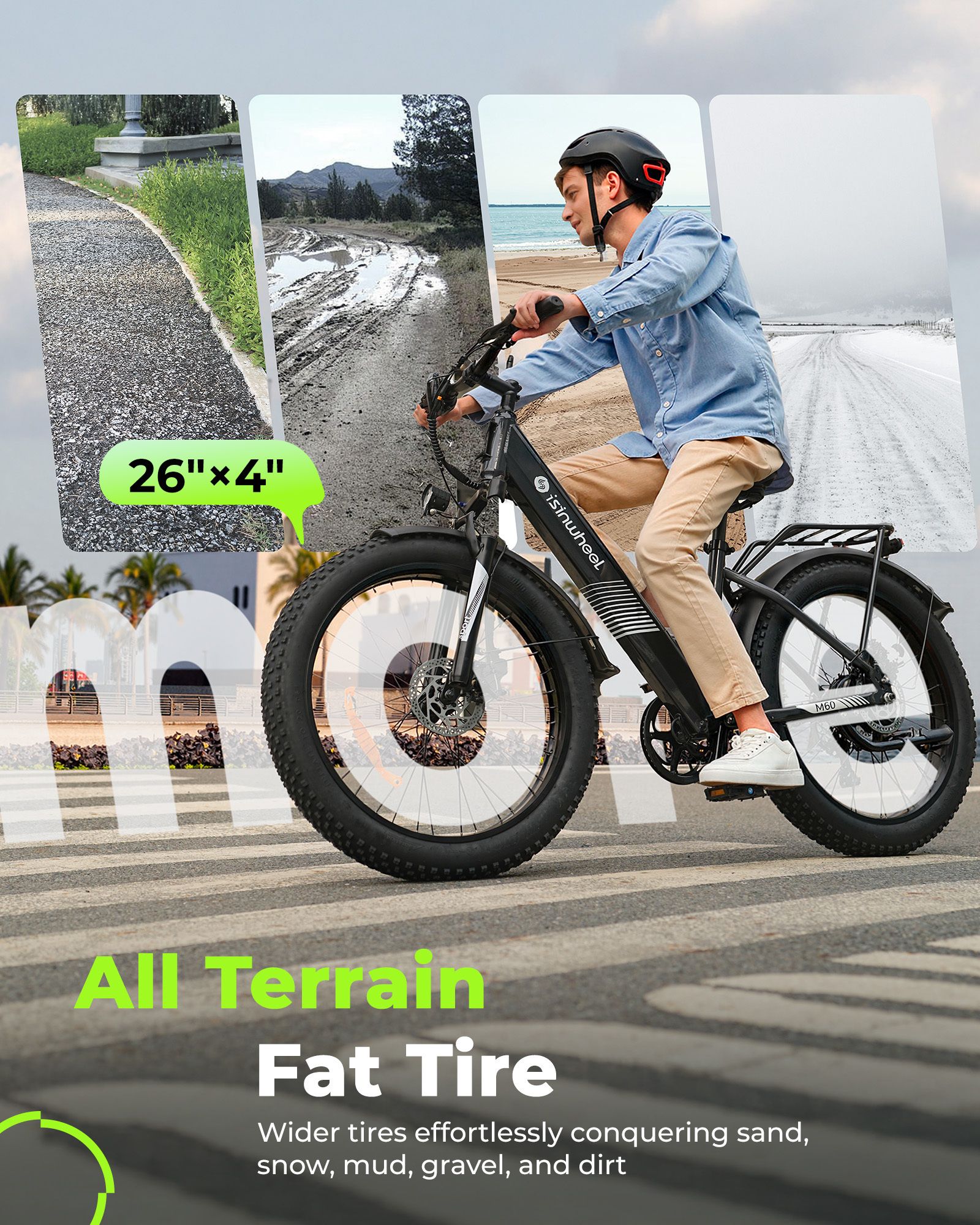 Persona in sella a una e-bike Isinwheel M60 con pneumatici larghi. Testo: All Terrain Fat Tire, 26"x4".