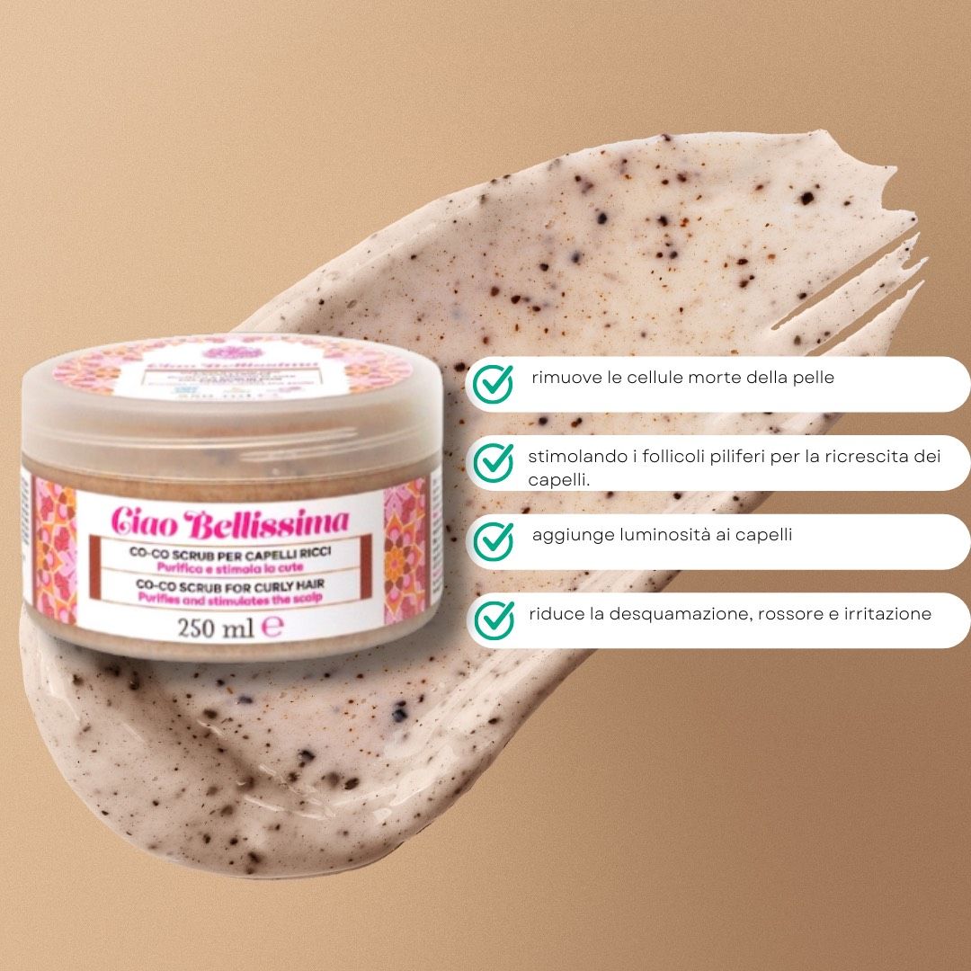 Prodotto e campione di prodotto. Scritta: Ciao Bellissima, Co-Co Scrub per capelli ricci. 250 ml. Testo in italiano.