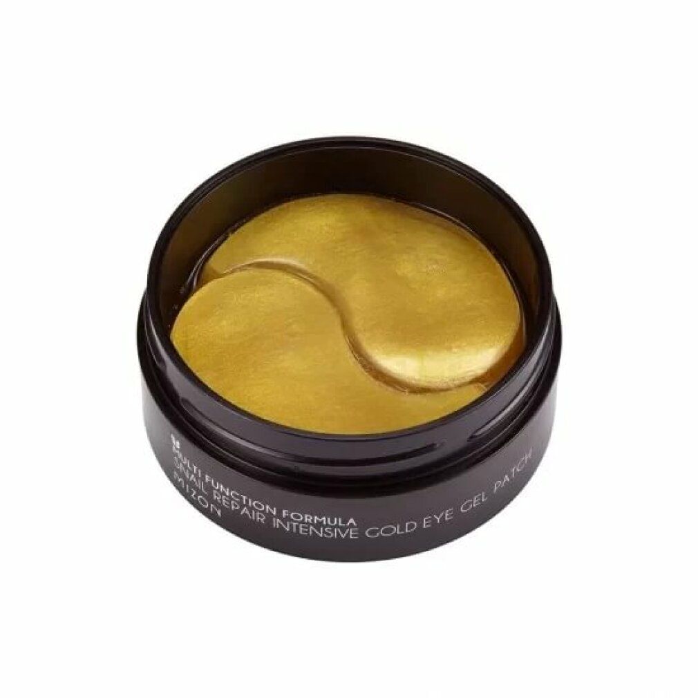 Barattolo aperto con patch gel per occhi dorati. Scritta: Multi Function Formula, Snail Repair Intensive Gold Eye Gel Patch, Mizon.