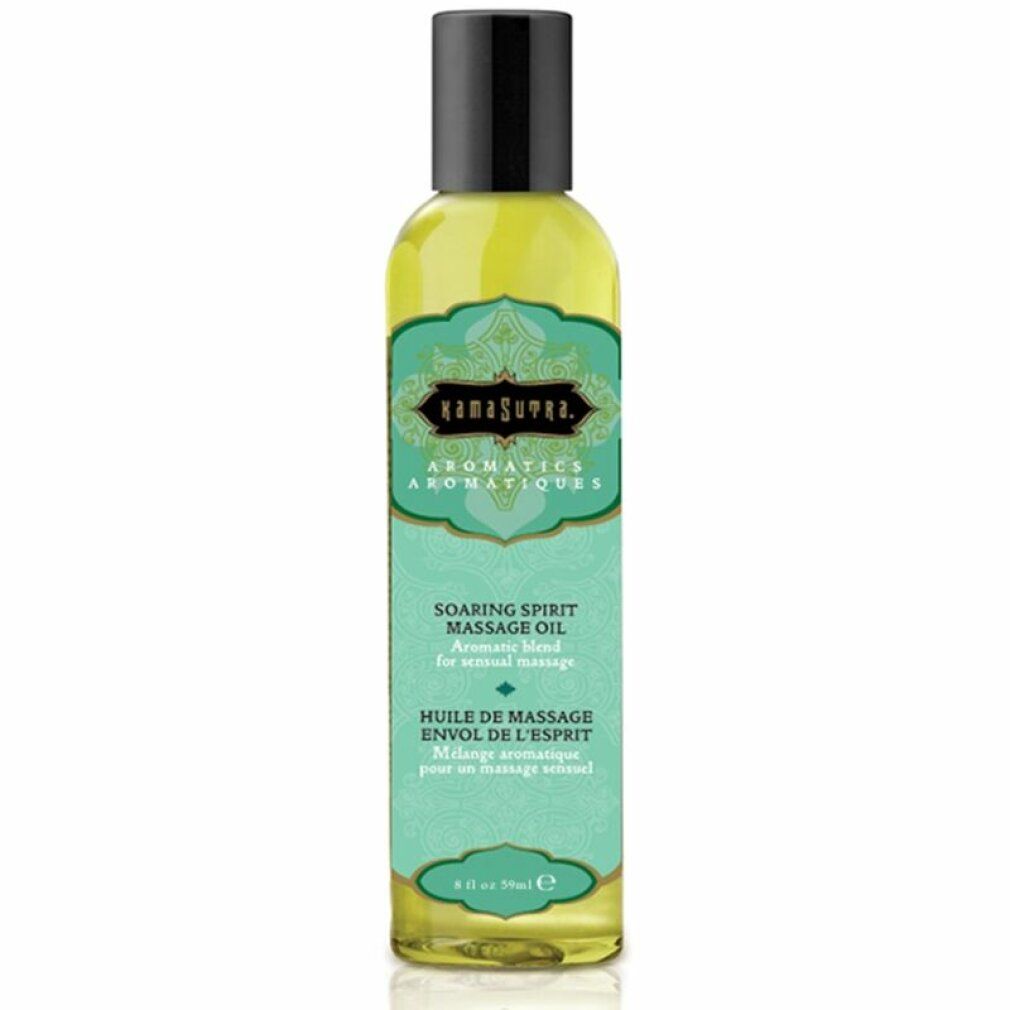 Olio per massaggio liquido in bottiglia con tappo nero. Scritta: Aromatics, Soaring Spirit Massage Oil. Etichette turchesi.
