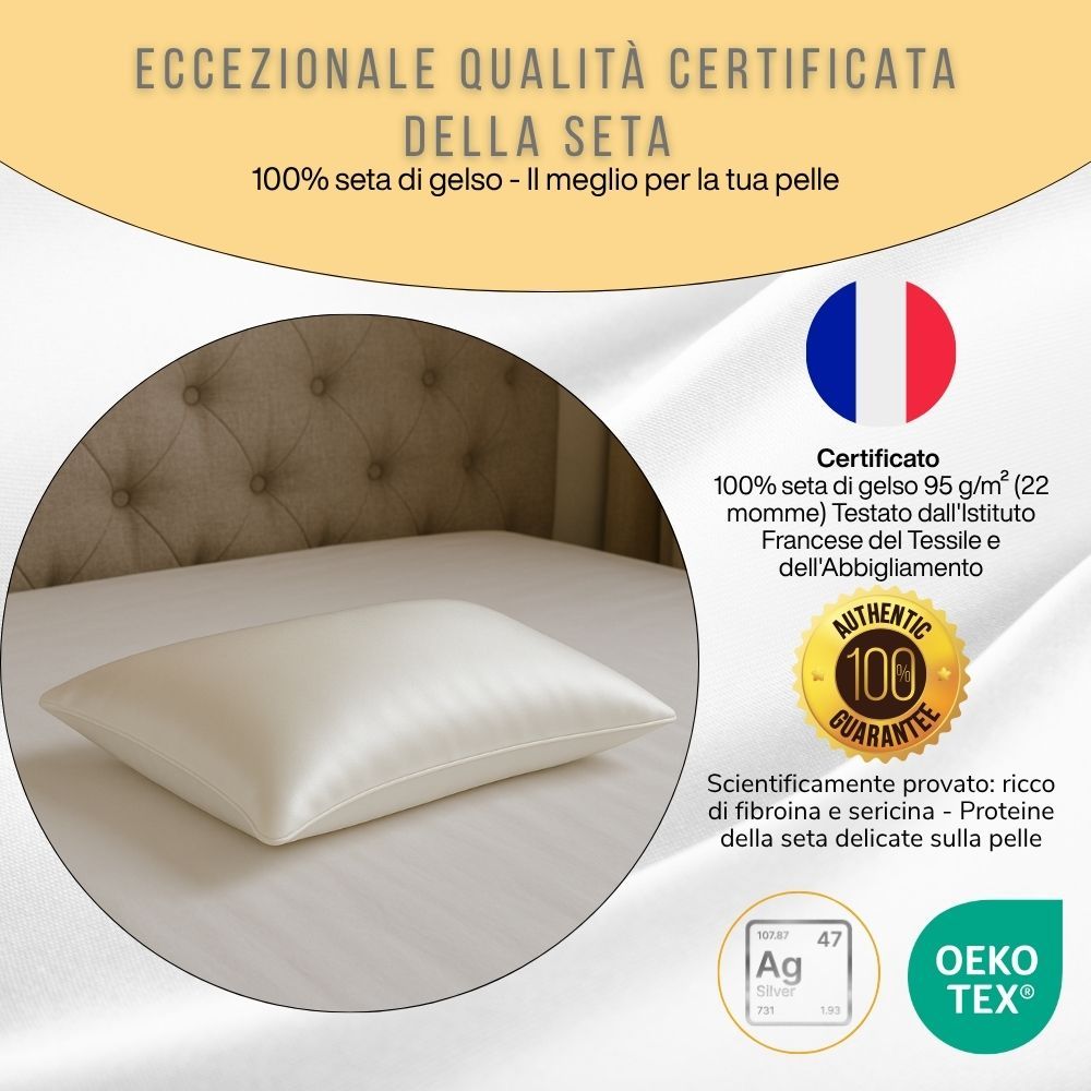 Cuscino con testo e grafica. Testo: « Eccezionale qualità certificata della seta ». Federa in seta.