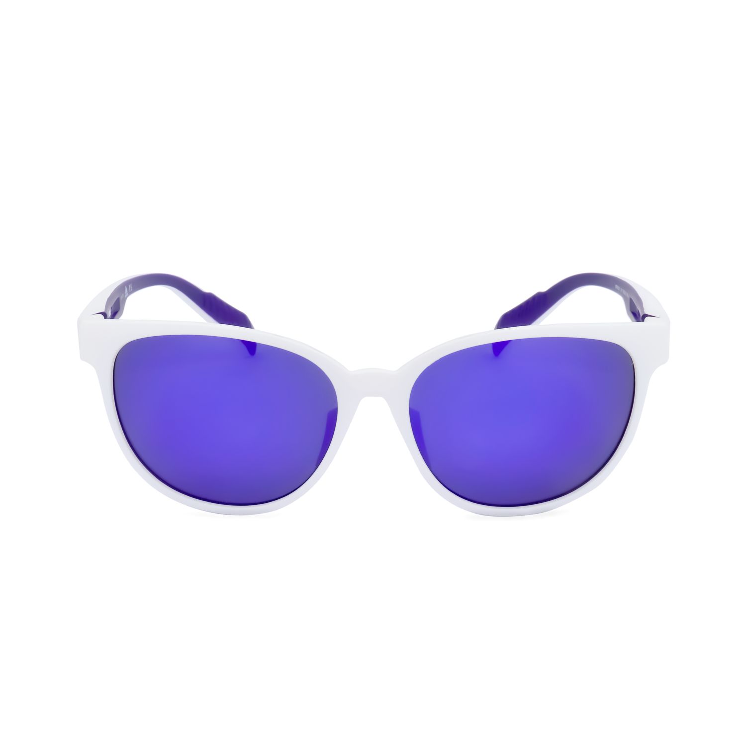 Occhiali da sole bianchi con lenti a specchio viola e aste viola.