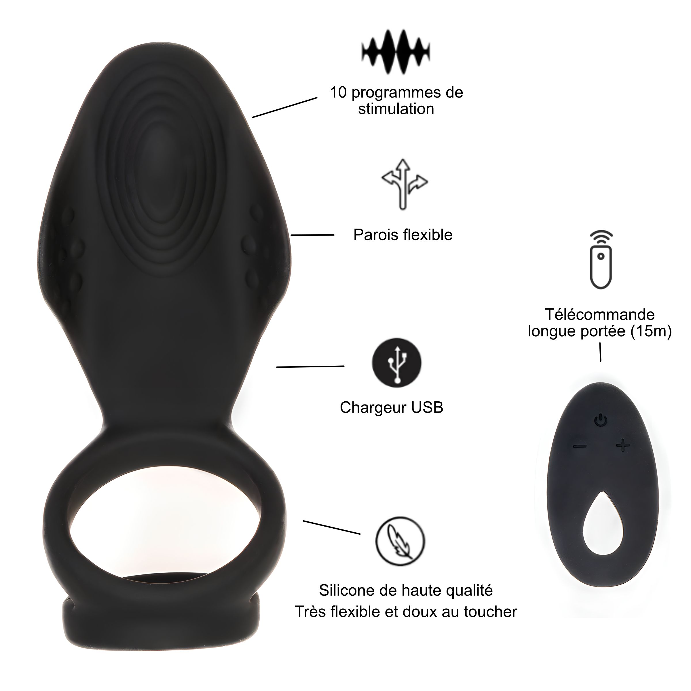 Prodotto nero ad anello con telecomando. Iscrizioni: 10 programmi di stimolazione, pareti flessibili, caricatore USB, telecomando.