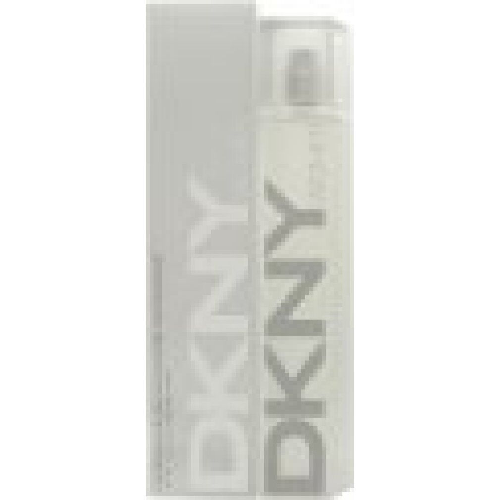 Flacone di profumo e confezione. Flacone rettangolare con scritta DKNY argentata. Confezione bianca con logo DKNY.