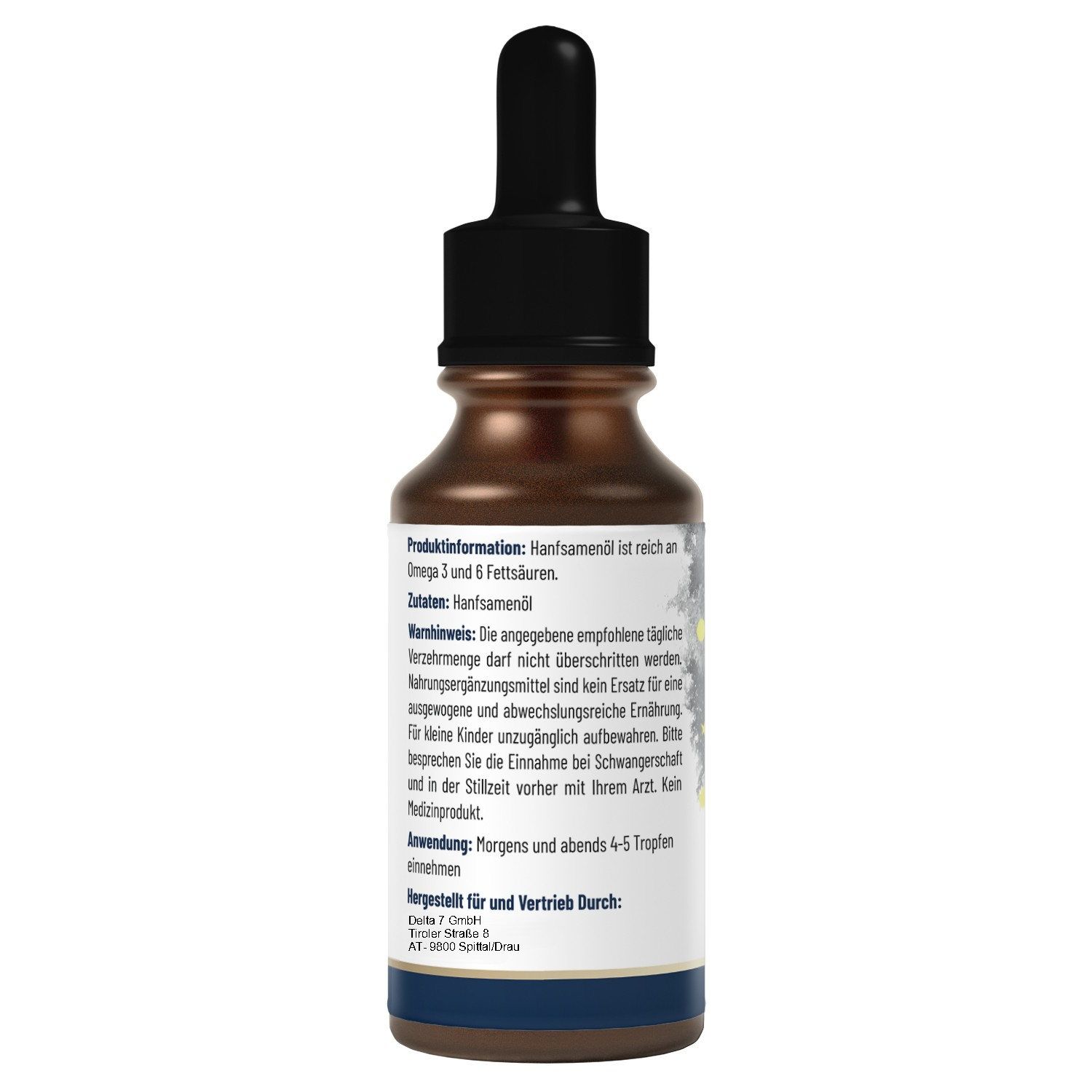 Retro del flacone. Informazioni sul prodotto: olio di semi di canapa. Avvertenza. Uso: 4-5 gocce mattina e sera. Prodotto per e distribuito da: Delta 7 GmbH.
