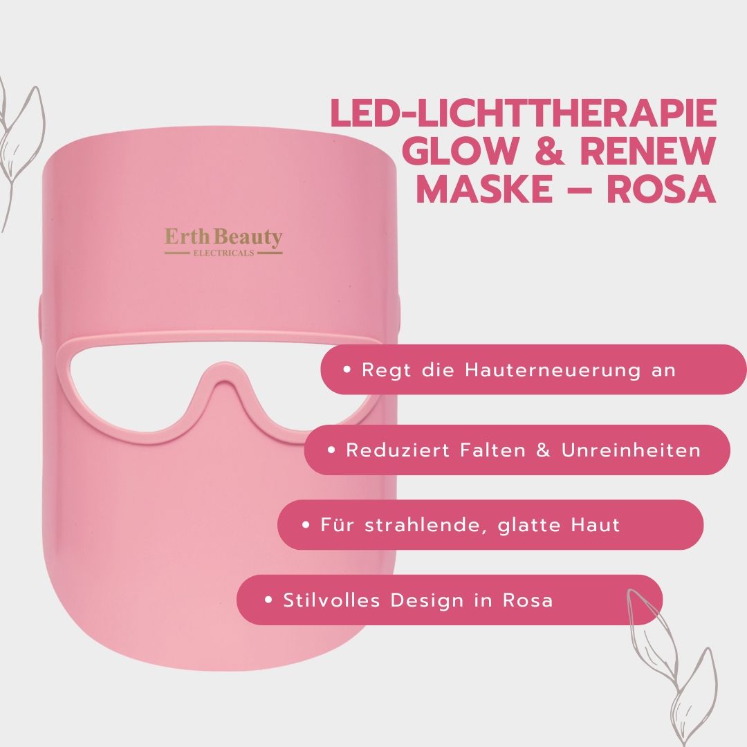 Maschera per terapia della luce LED rosa. Testo: LED-LICHTTHERAPIE GLOW & RENEW MASKE - ROSA, Erth Beauty.