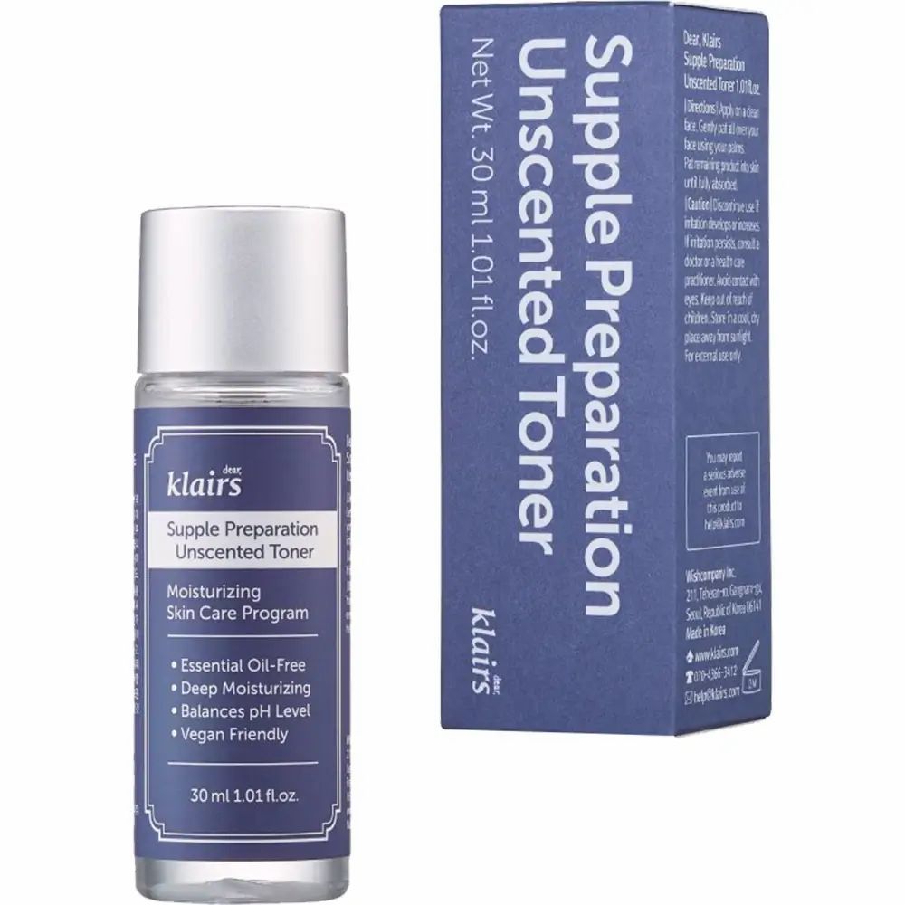 Flacone e confezione di Dear Klairs Supple Preparation Unscented Toner. Flacone blu, tappo argentato, confezione blu.