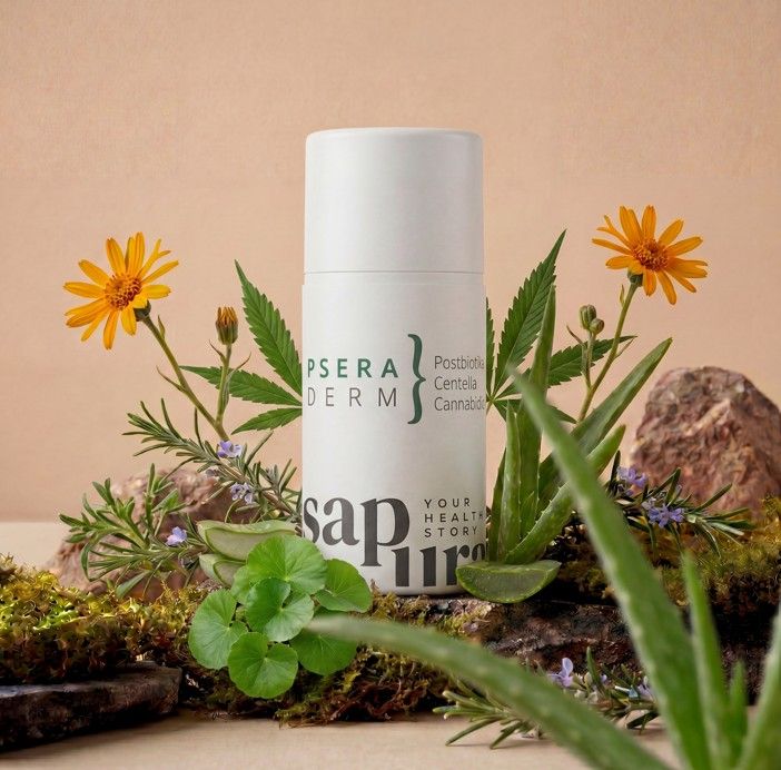 Flacone bianco circondato da elementi naturali come aloe vera e fiori.