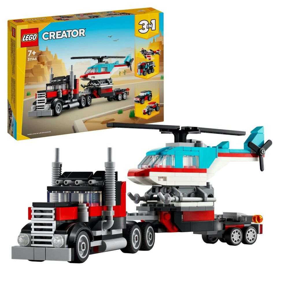 LEGO Creator 3in1 Autocarro con Elicottero. Camion con rimorchio, con sopra un elicottero. Sulla confezione sono raffigurati altri modelli.