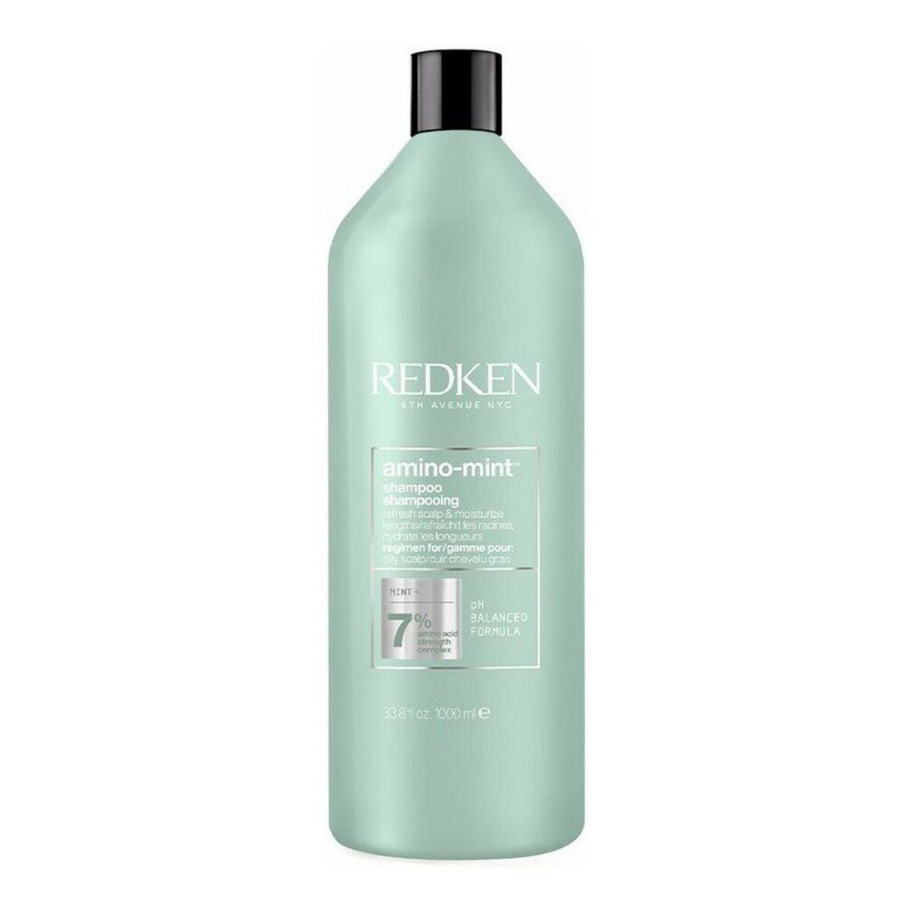 Flacone di shampoo verde chiaro con tappo nero. Scritta Redken, amino-mint Shampoo. pH 7.